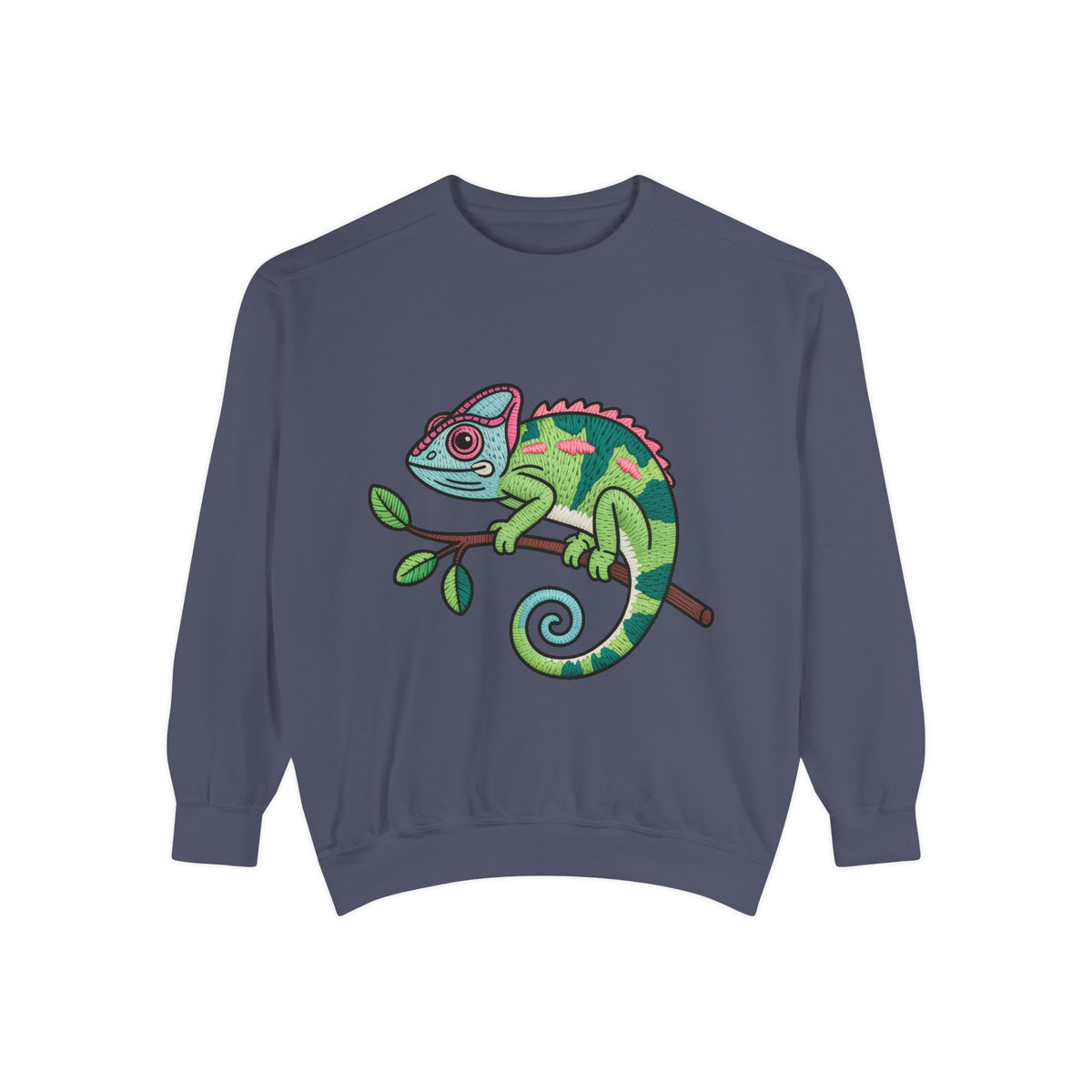 Chameleon Sweatshirt, Cute Embroidered Patch Style Crewneck, Reptile Lover Gift, Garment Dyed Sweatshirt for Nature Lovers