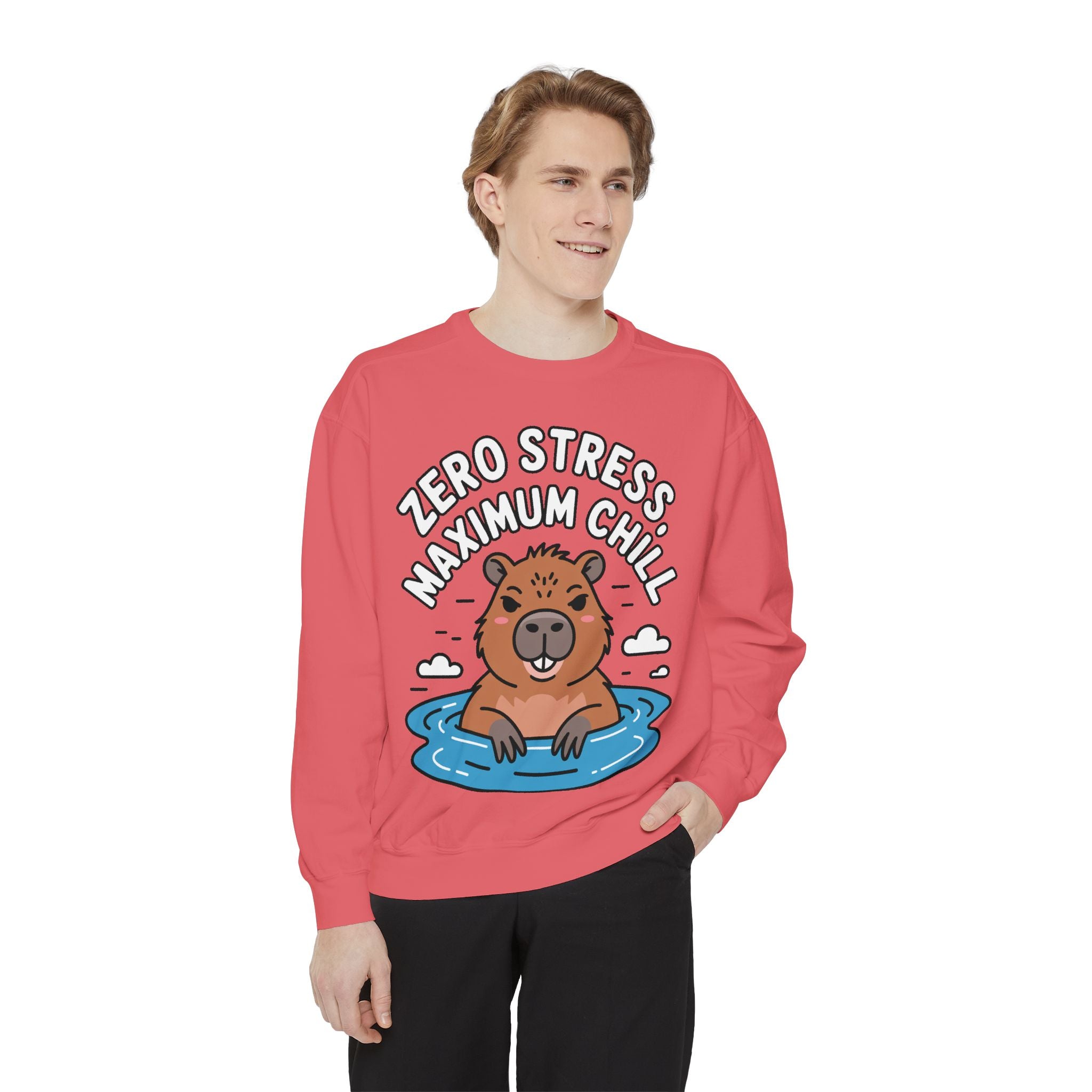 Zero Stress Capybara Sweatshirt, Funny Hot Spring Capybara Crewneck, Cute Chill Animal Gift, Garment Dyed Embroidered Sweatshirt