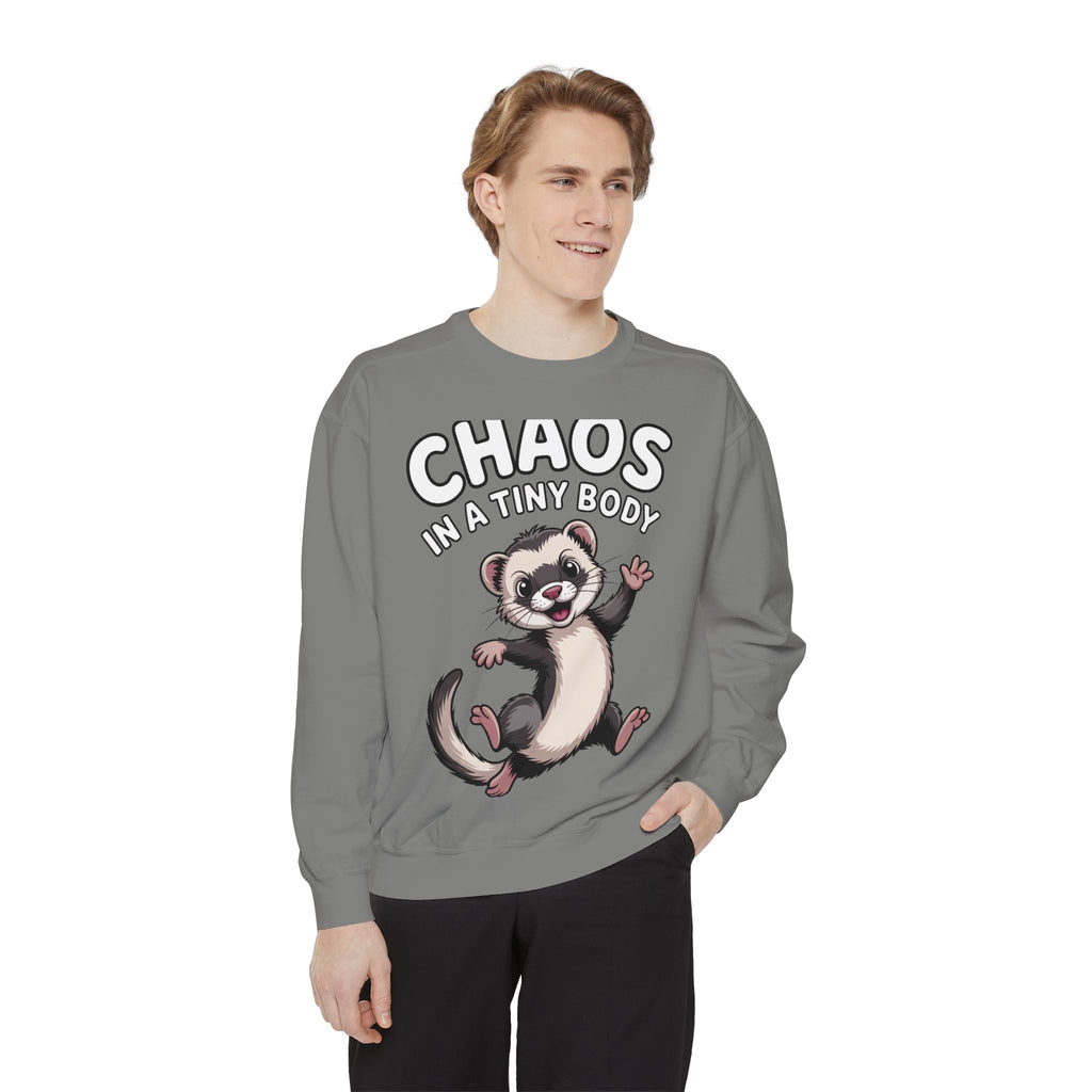 Funny Ferret Sweatshirt, Chaos In A Tiny Body Crewneck, Cute Ferret Lover Gift, Embroidered Style Ferret Sweatshirt For Pet Owners