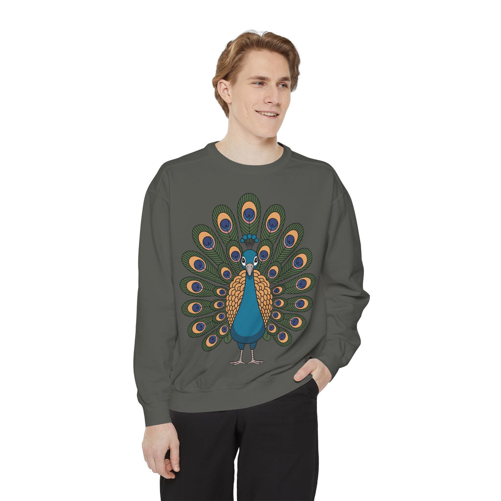 Peacock Sweatshirt, Cute Cartoon Peacock Crewneck, Embroidered Patch Style Feather Sweatshirt, Bird Lover Gift