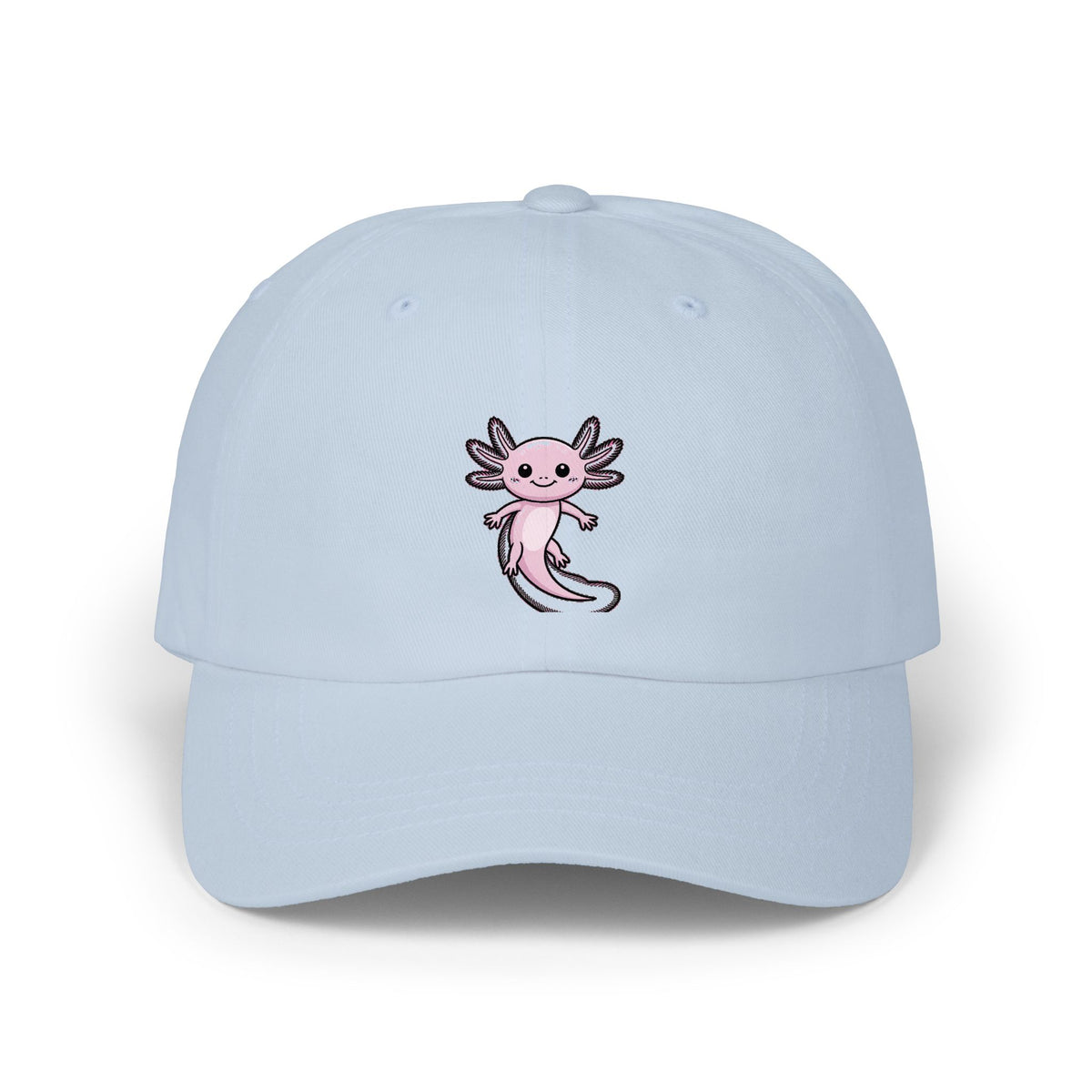 Cute Axolotl Dad Hat, Smiling Axolotl Embroidered Cap, Kawaii Axolotl Gift, Unstructured 6-Panel Baseball Cap for Animal Lovers