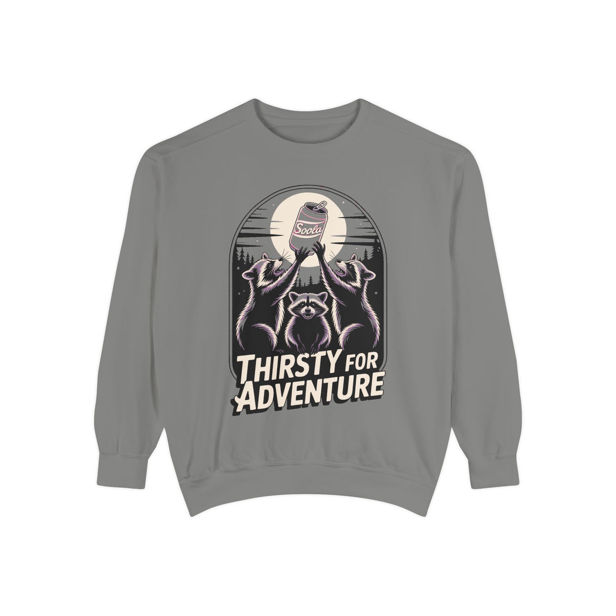 Thirsty For Adventure Raccoons Sweatshirt, Funny Vintage Poster Crewneck, Retro Raccoon Graphic Sweatshirt Gift