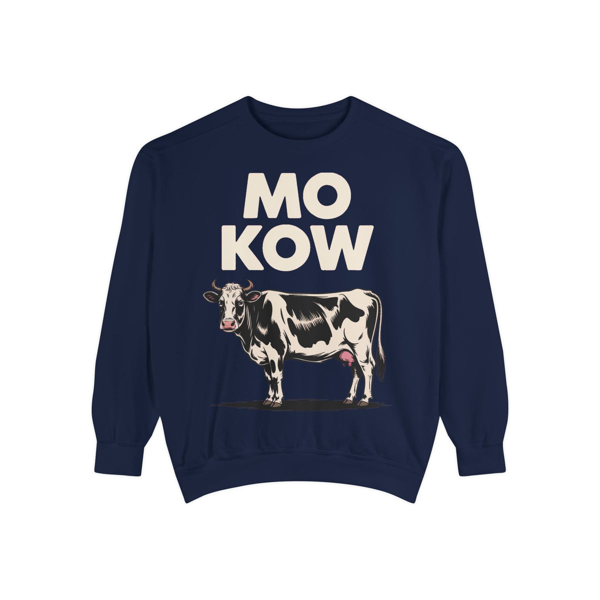 Mo Kow Funny Cow Sweatshirt, Absurd Meme Crewneck, Deadpan Farm Animal Embroidered Sweatshirt, Funny Cow Lover Gift