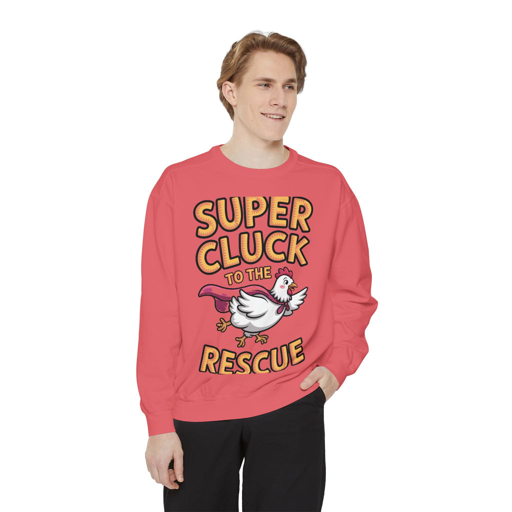 Super Cluck To The Rescue Sweatshirt, Funny Superhero Chicken Crewneck, Cute Chicken Lover Gift, Garment Dyed Embroidered Sweatshirt