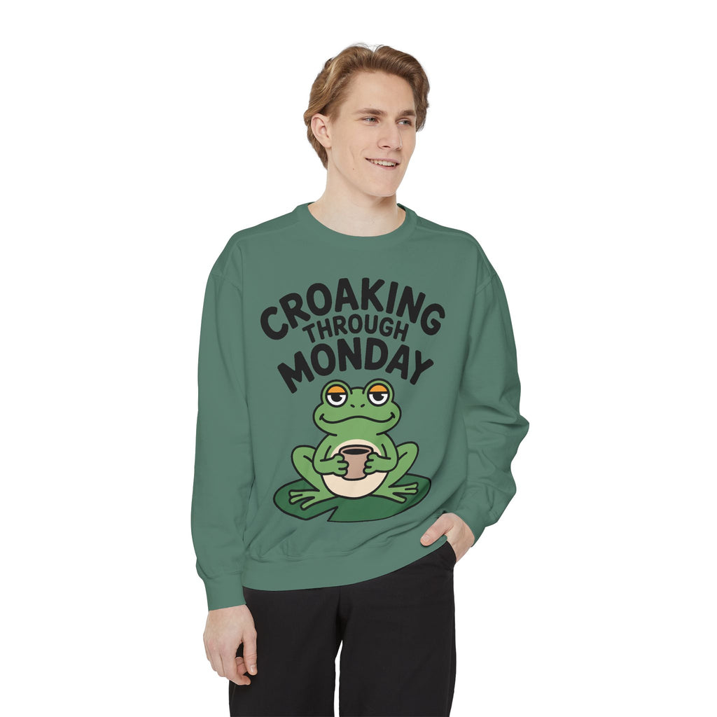 Croaking Through Monday Sweatshirt, Funny Tired Frog Crewneck, Cute Coffee Frog Sweatshirt, Frog Lover Gift
