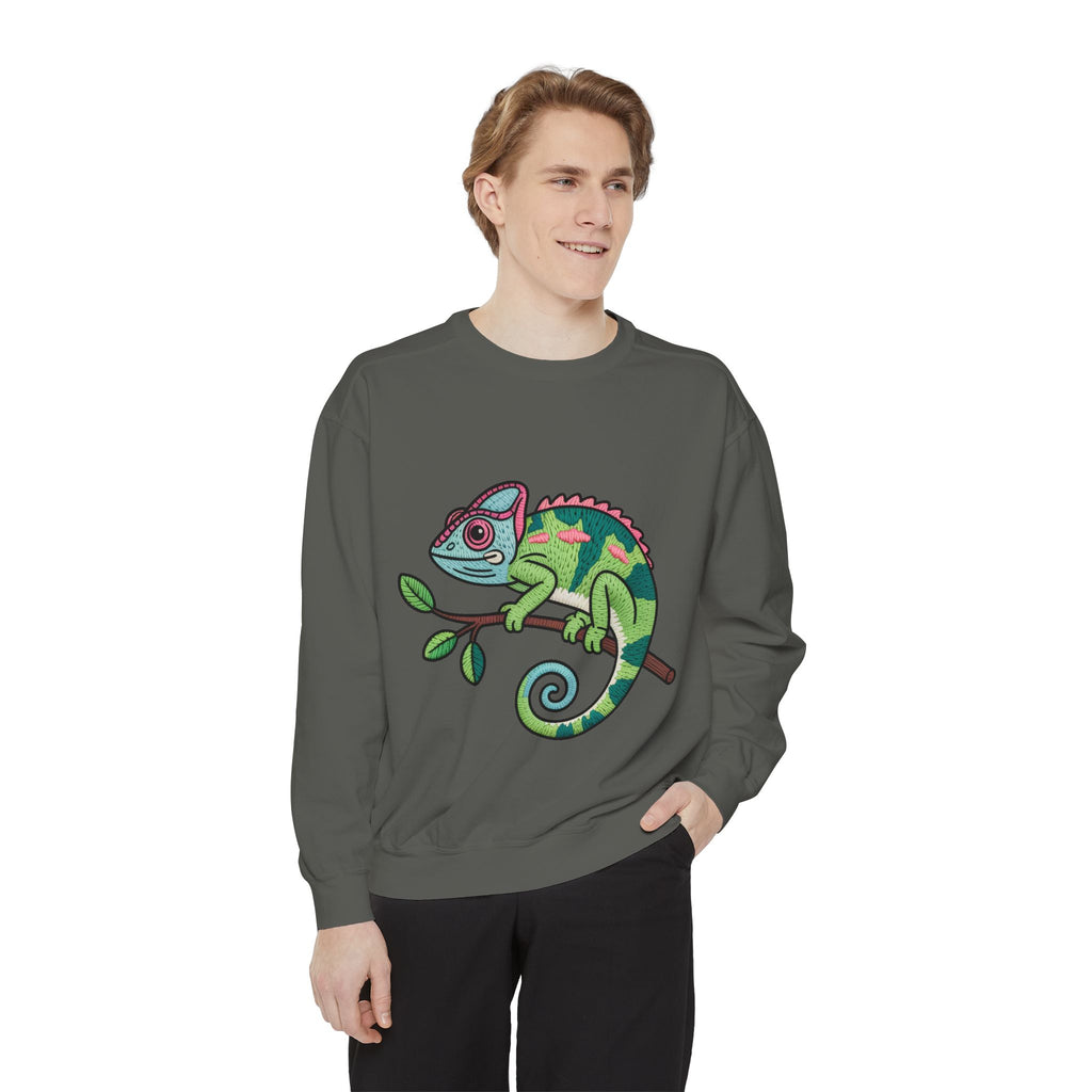 Chameleon Sweatshirt, Cute Embroidered Patch Style Crewneck, Reptile Lover Gift, Garment Dyed Sweatshirt for Nature Lovers