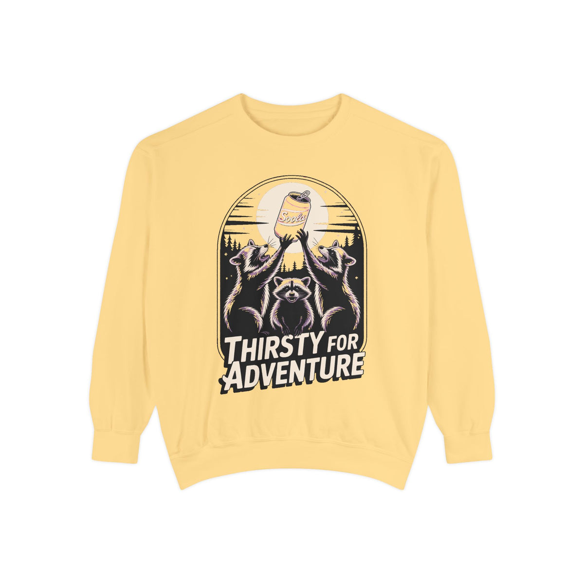 Thirsty For Adventure Raccoons Sweatshirt, Funny Vintage Poster Crewneck, Retro Raccoon Graphic Sweatshirt Gift
