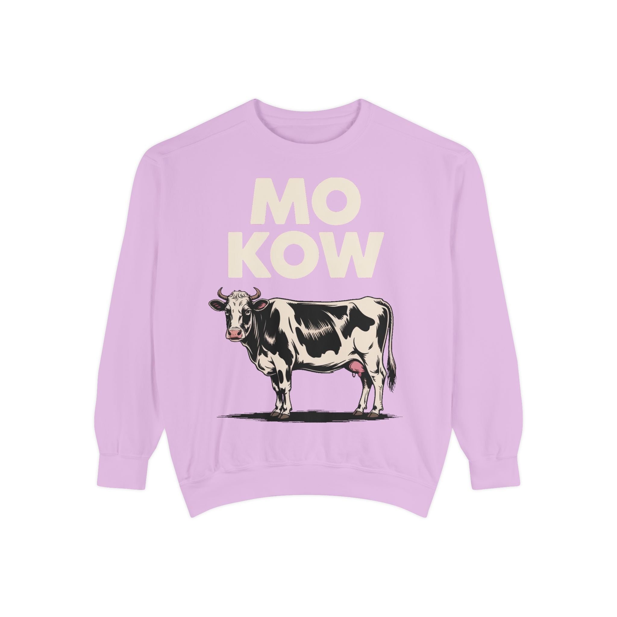 Mo Kow Funny Cow Sweatshirt, Absurd Meme Crewneck, Deadpan Farm Animal Embroidered Sweatshirt, Funny Cow Lover Gift
