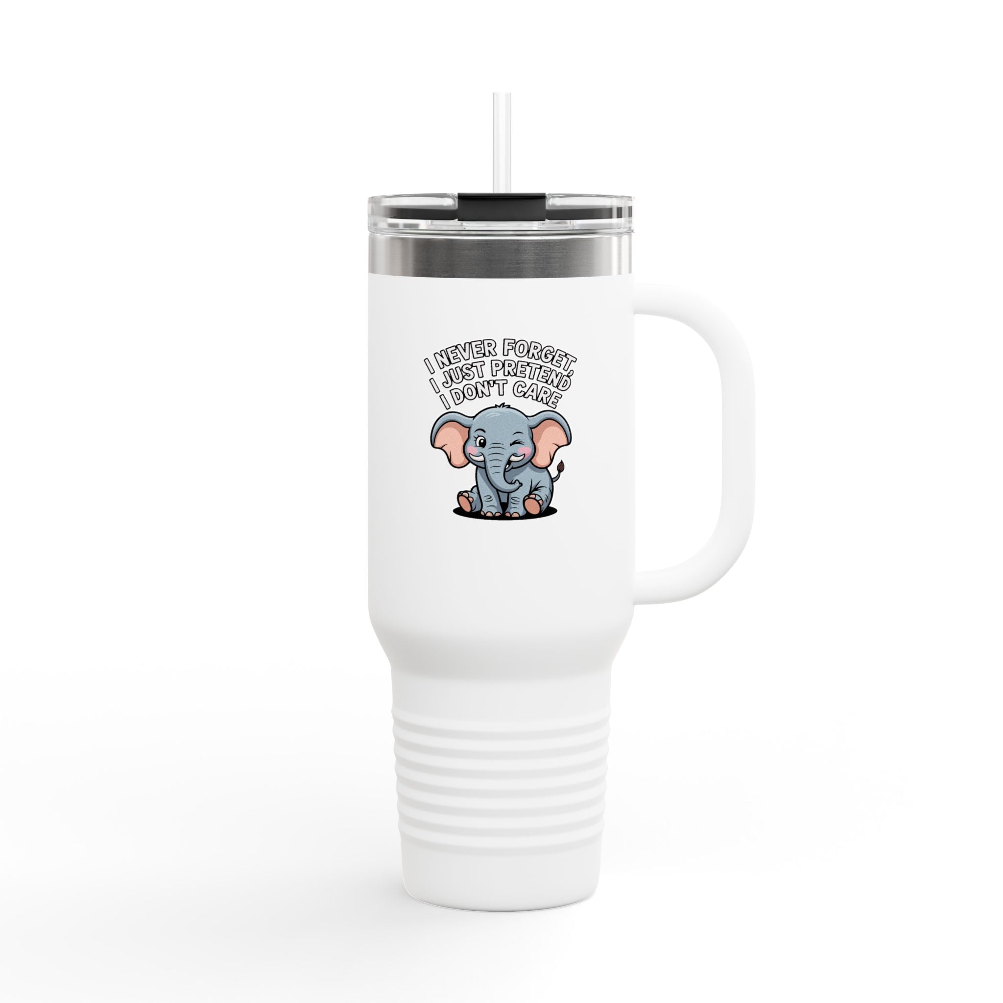 Funny Elephant Travel Mug, I Never Forget Quote Tumbler, Sarcastic Elephant Gift, 40oz Insulated Mug with Handle and Straw