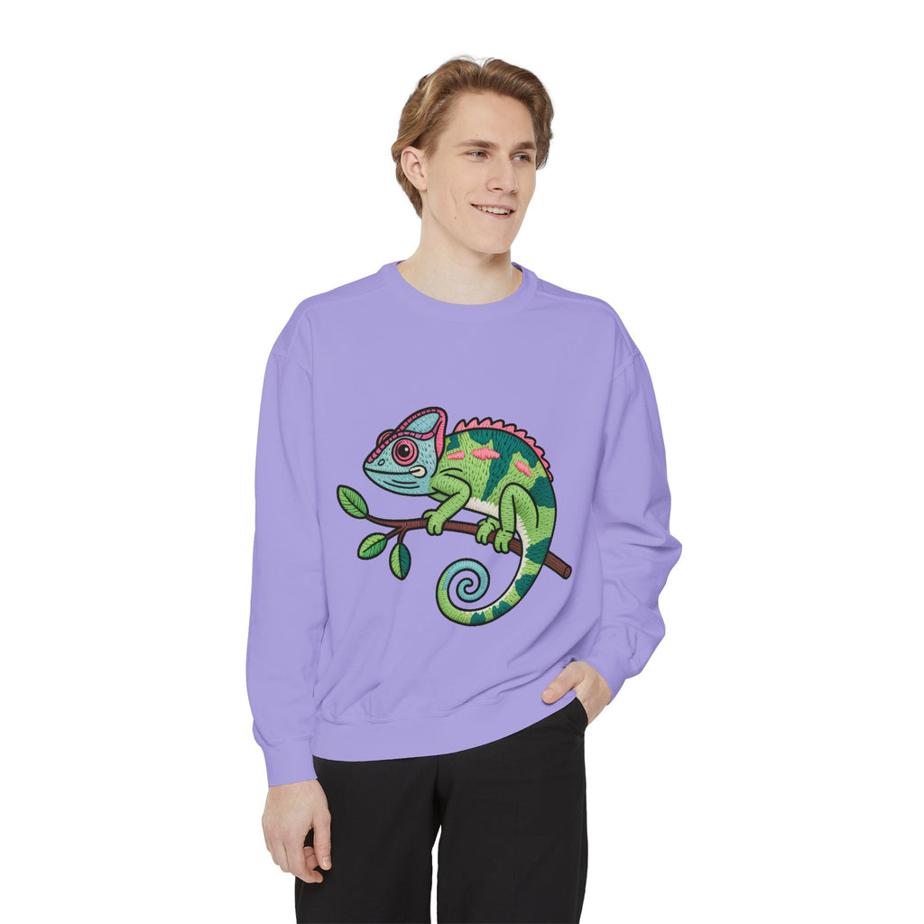 Chameleon Sweatshirt, Cute Embroidered Patch Style Crewneck, Reptile Lover Gift, Garment Dyed Sweatshirt for Nature Lovers