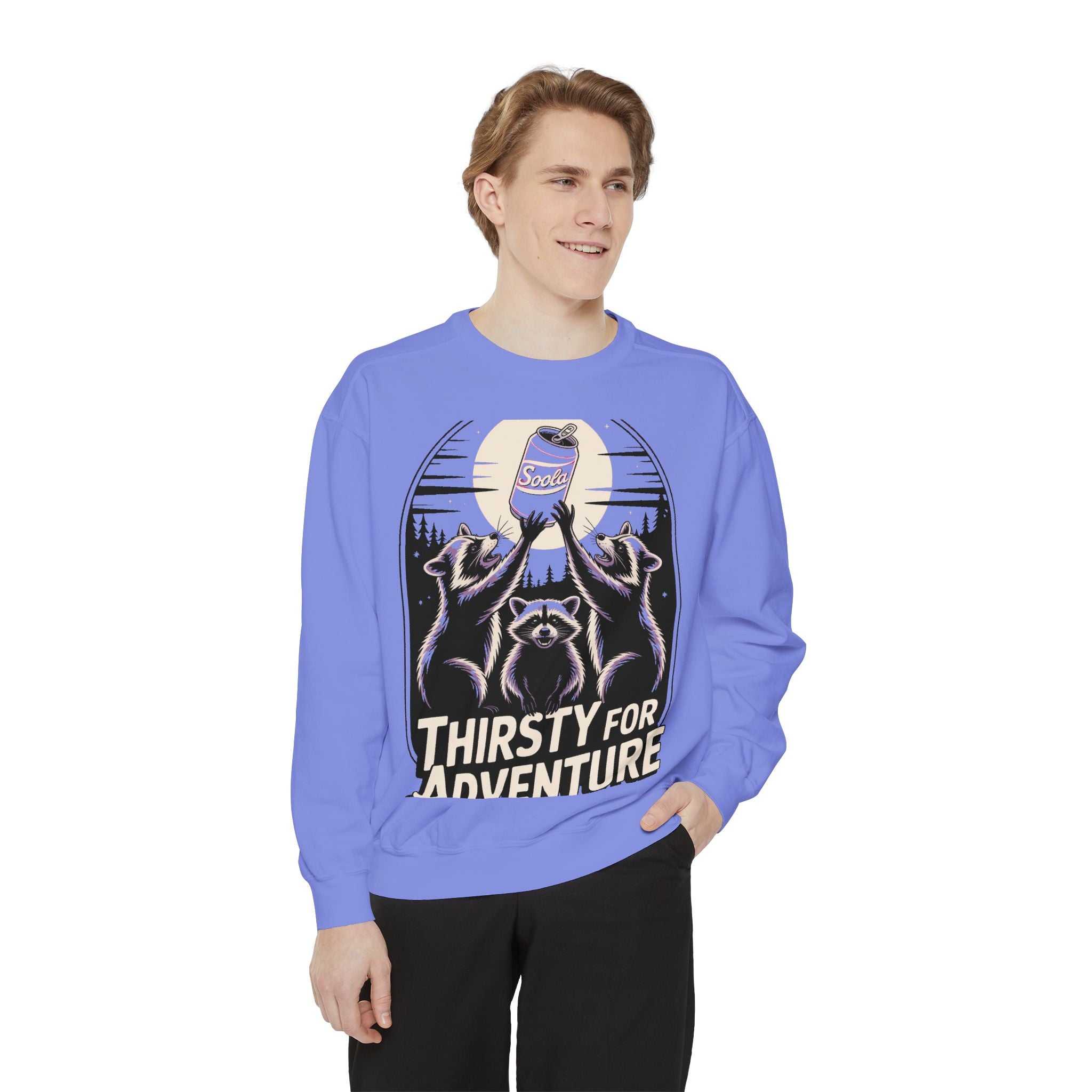 Thirsty For Adventure Raccoons Sweatshirt, Funny Vintage Poster Crewneck, Retro Raccoon Graphic Sweatshirt Gift