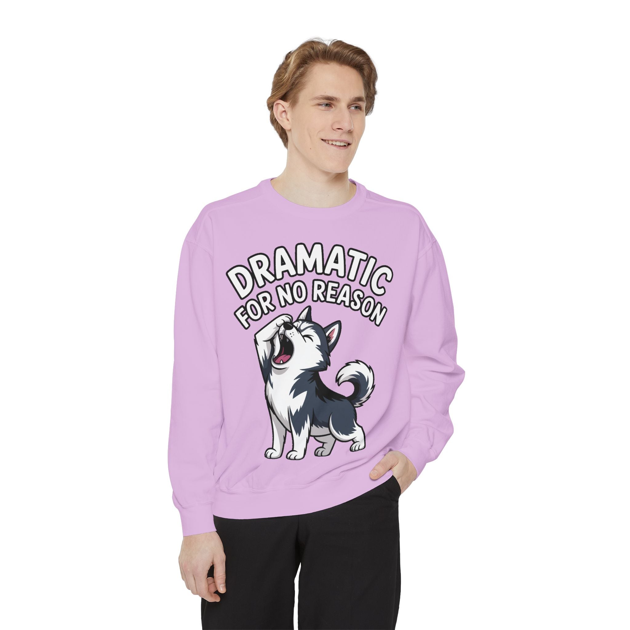 Dramatic Husky Sweatshirt, Funny Dog Lover Crewneck, Cute Cartoon Husky Embroidered Patch Style Sweatshirt, Gift for Husky Mom
