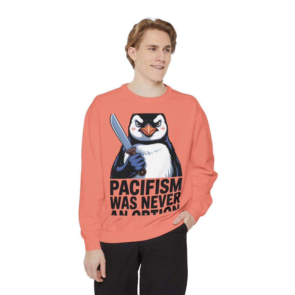 Pacifism Was Never An Option Penguin Sweatshirt, Funny Butter Knife Penguin Crewneck, Vintage Poster Style Graphic Sweatshirt Gift