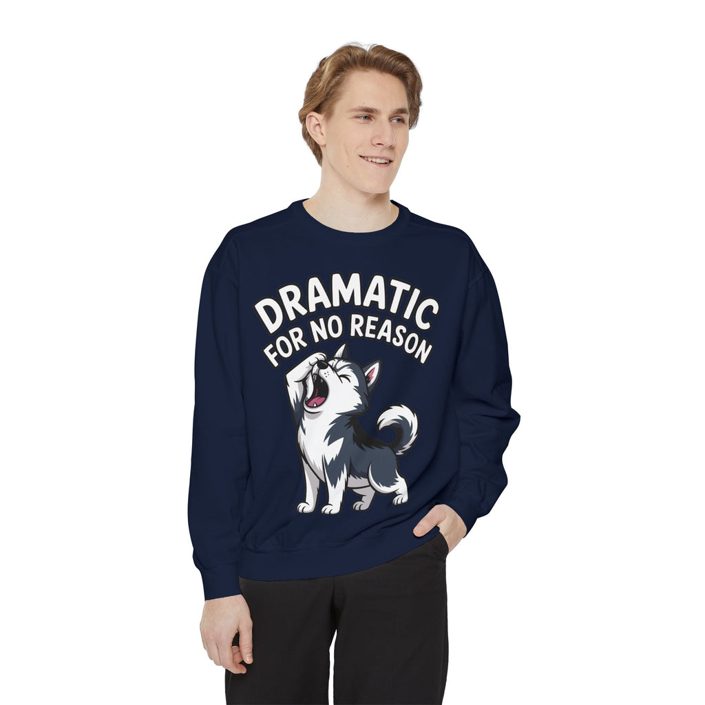 Dramatic Husky Sweatshirt, Funny Dog Lover Crewneck, Cute Cartoon Husky Embroidered Patch Style Sweatshirt, Gift for Husky Mom