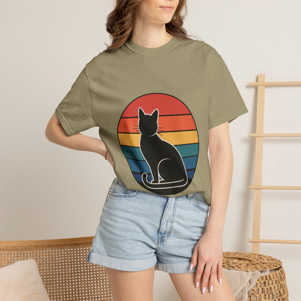 Retro Sunset Cat Badge T-Shirt