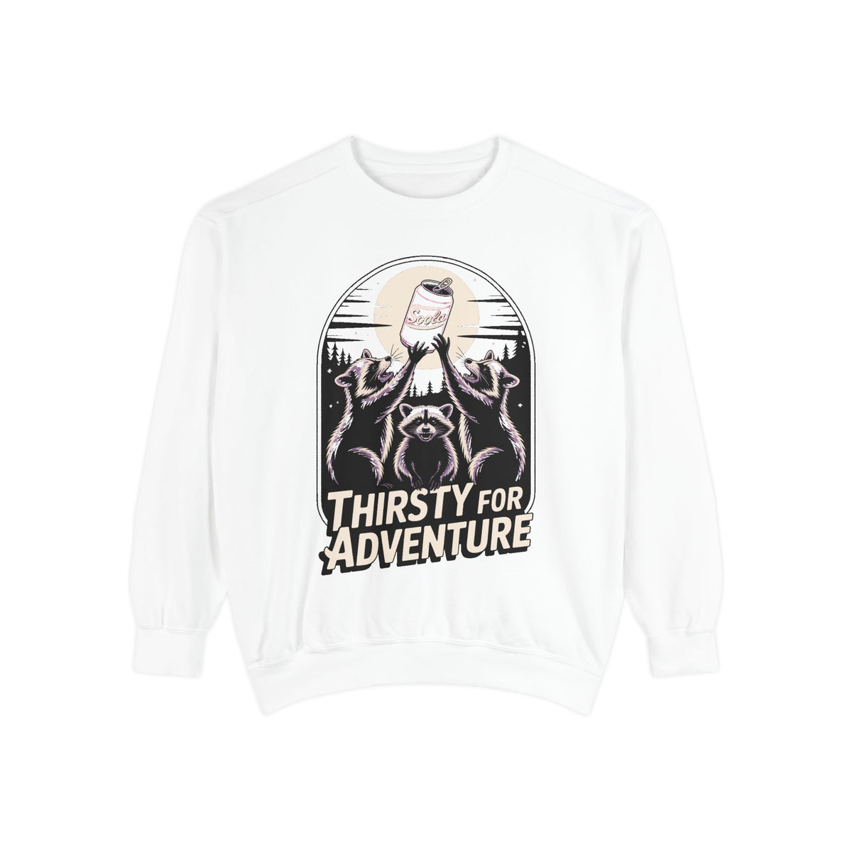 Thirsty For Adventure Raccoons Sweatshirt, Funny Vintage Poster Crewneck, Retro Raccoon Graphic Sweatshirt Gift