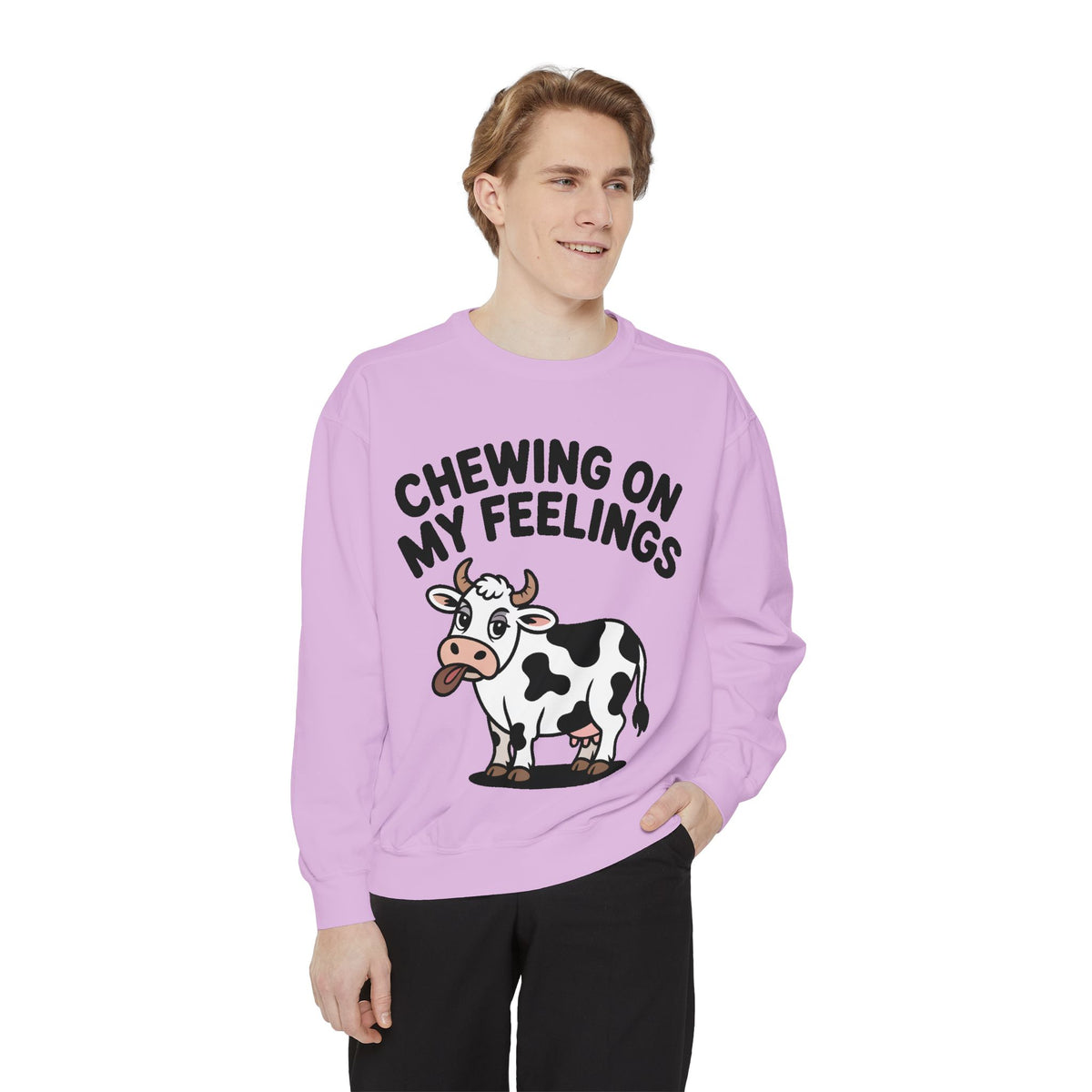 Chewing On My Feelings Sweatshirt, Funny Cow Crewneck, Cute Cow Lover Gift, Embroidered Style Cow Sweatshirt, Funny Farm Animal Shirt