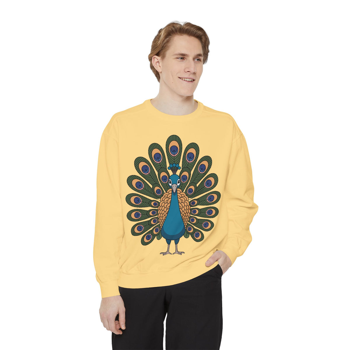 Peacock Sweatshirt, Cute Cartoon Peacock Crewneck, Embroidered Patch Style Feather Sweatshirt, Bird Lover Gift