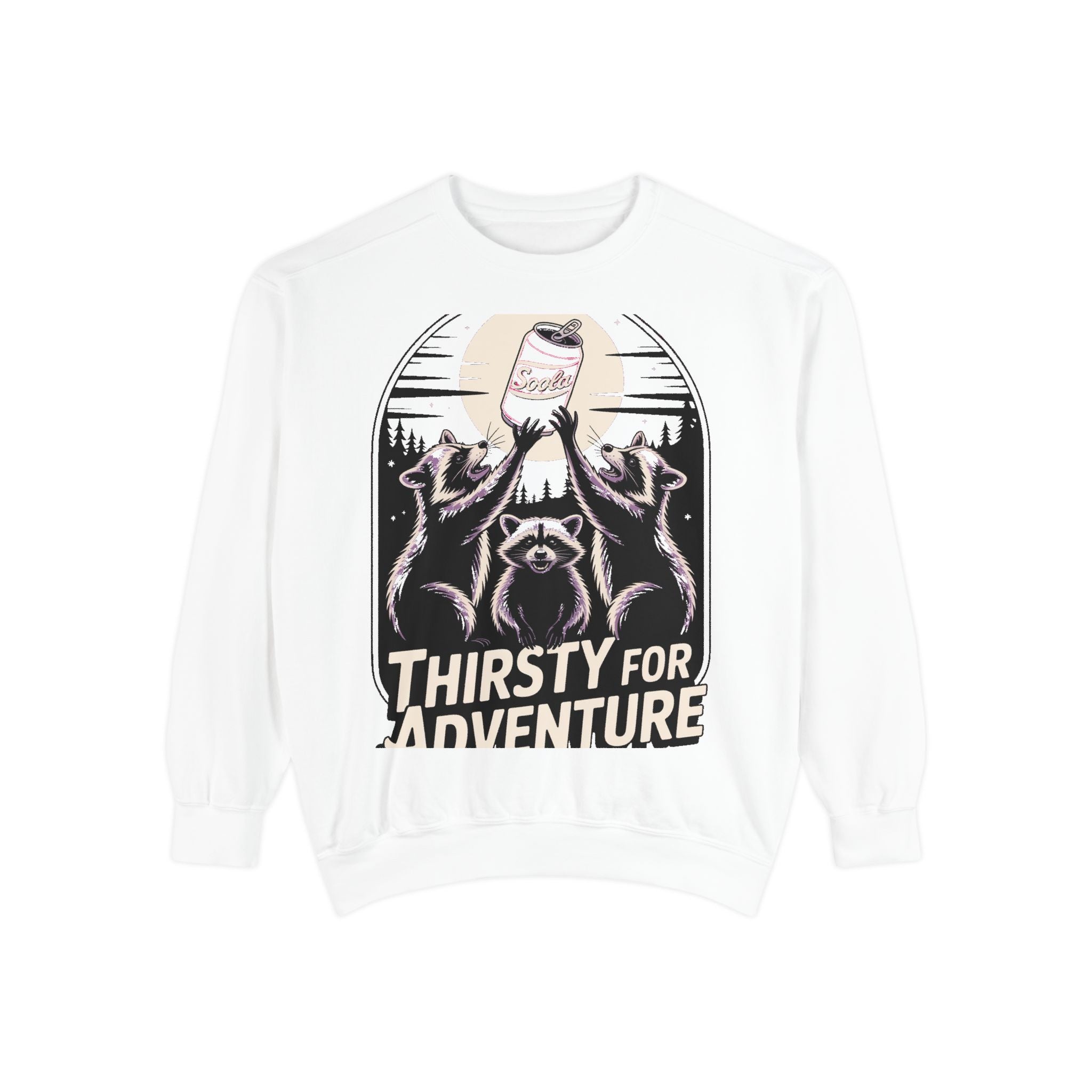 Thirsty For Adventure Raccoons Sweatshirt, Funny Vintage Poster Crewneck, Retro Raccoon Graphic Sweatshirt Gift