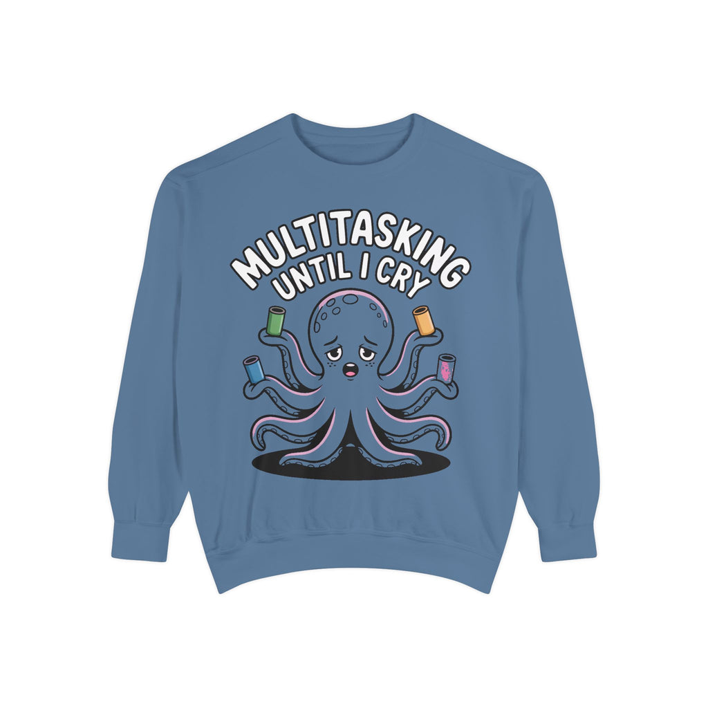 Multitasking Octopus Sweatshirt, Funny Stressed Octopus Crewneck, Embroidery-Patch Style Sweatshirt, Busy Mom Gift, Work Humor Pullover