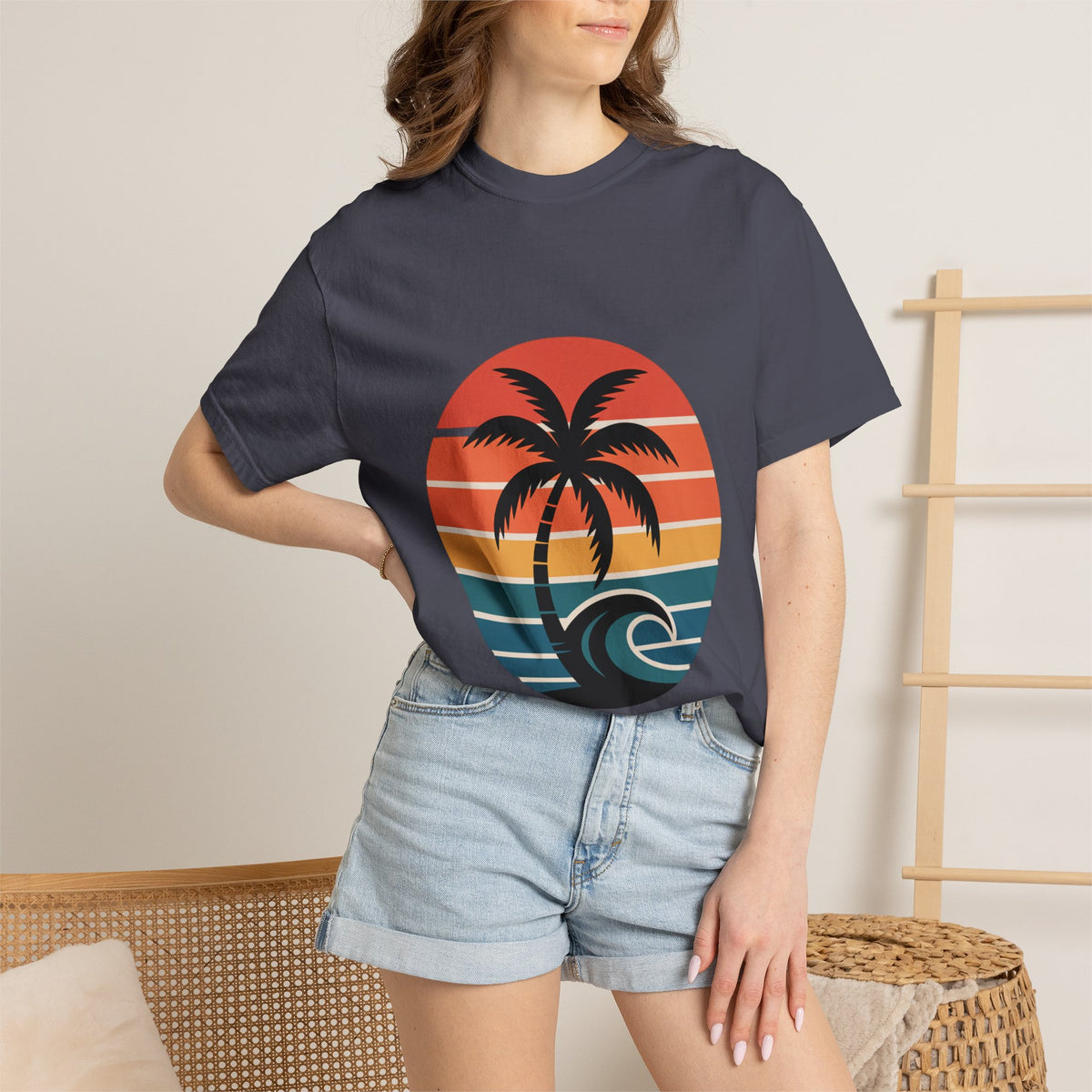Salt Air Messy Hair Beach Shirt, Retro Sunset Badge T-Shirt, Vintage Palm Tree Wave Tee, Summer Vacation Gift