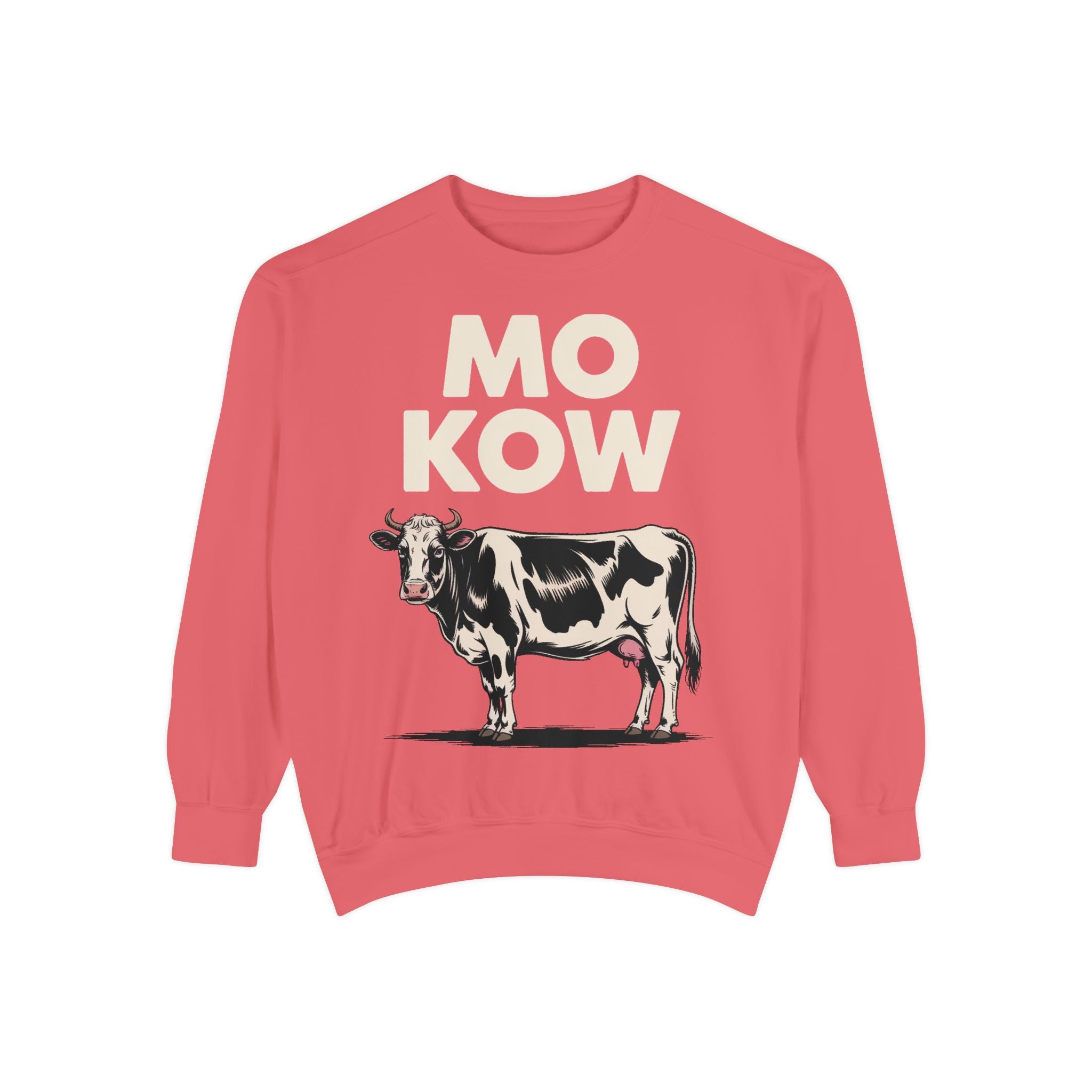 Mo Kow Funny Cow Sweatshirt, Absurd Meme Crewneck, Deadpan Farm Animal Embroidered Sweatshirt, Funny Cow Lover Gift