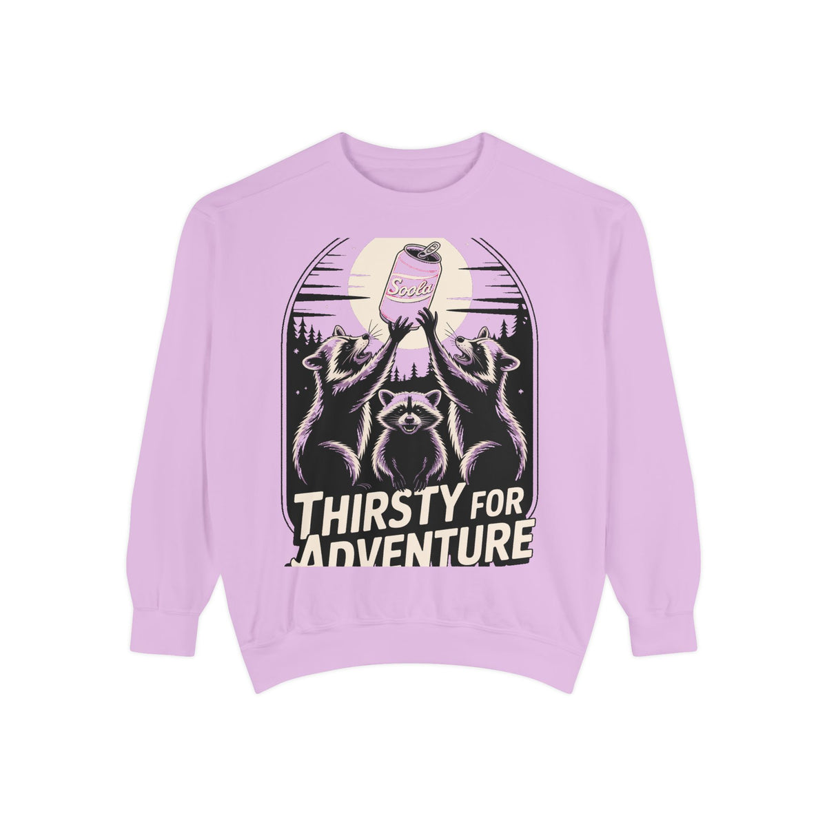 Thirsty For Adventure Raccoons Sweatshirt, Funny Vintage Poster Crewneck, Retro Raccoon Graphic Sweatshirt Gift