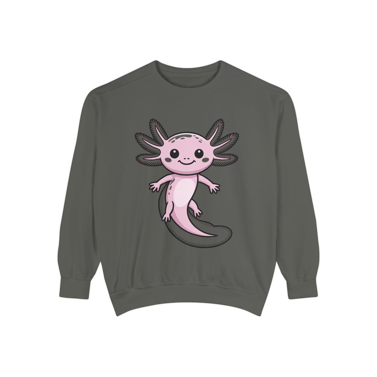 Cute Axolotl Sweatshirt, Smiling Axolotl Embroidered Crewneck, Kawaii Animal Lover Gift, Garment Dyed Pullover