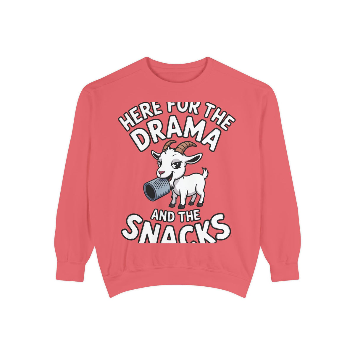 Funny Goat Sweatshirt, Here For The Drama And The Snacks Crewneck, Cute Goat Lover Gift, Embroidered Patch Style Sweatshirt