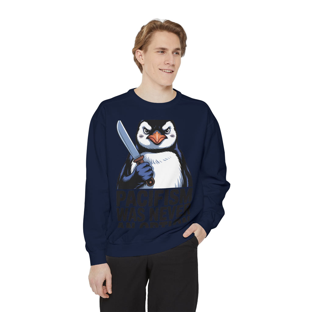 Pacifism Was Never An Option Penguin Sweatshirt, Funny Butter Knife Penguin Crewneck, Vintage Poster Style Graphic Sweatshirt Gift