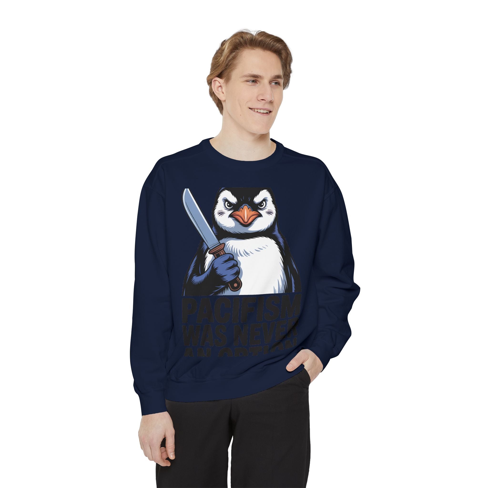 Pacifism Was Never An Option Penguin Sweatshirt, Funny Butter Knife Penguin Crewneck, Vintage Poster Style Graphic Sweatshirt Gift