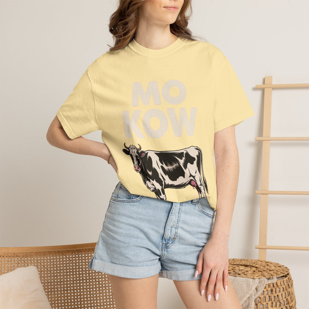 Mo Kow Funny Cow Shirt, Absurd Meme T-Shirt, Deadpan Farm Animal Tee, Weird Cow Lover Gift, Funny Misspelled Label Shirt