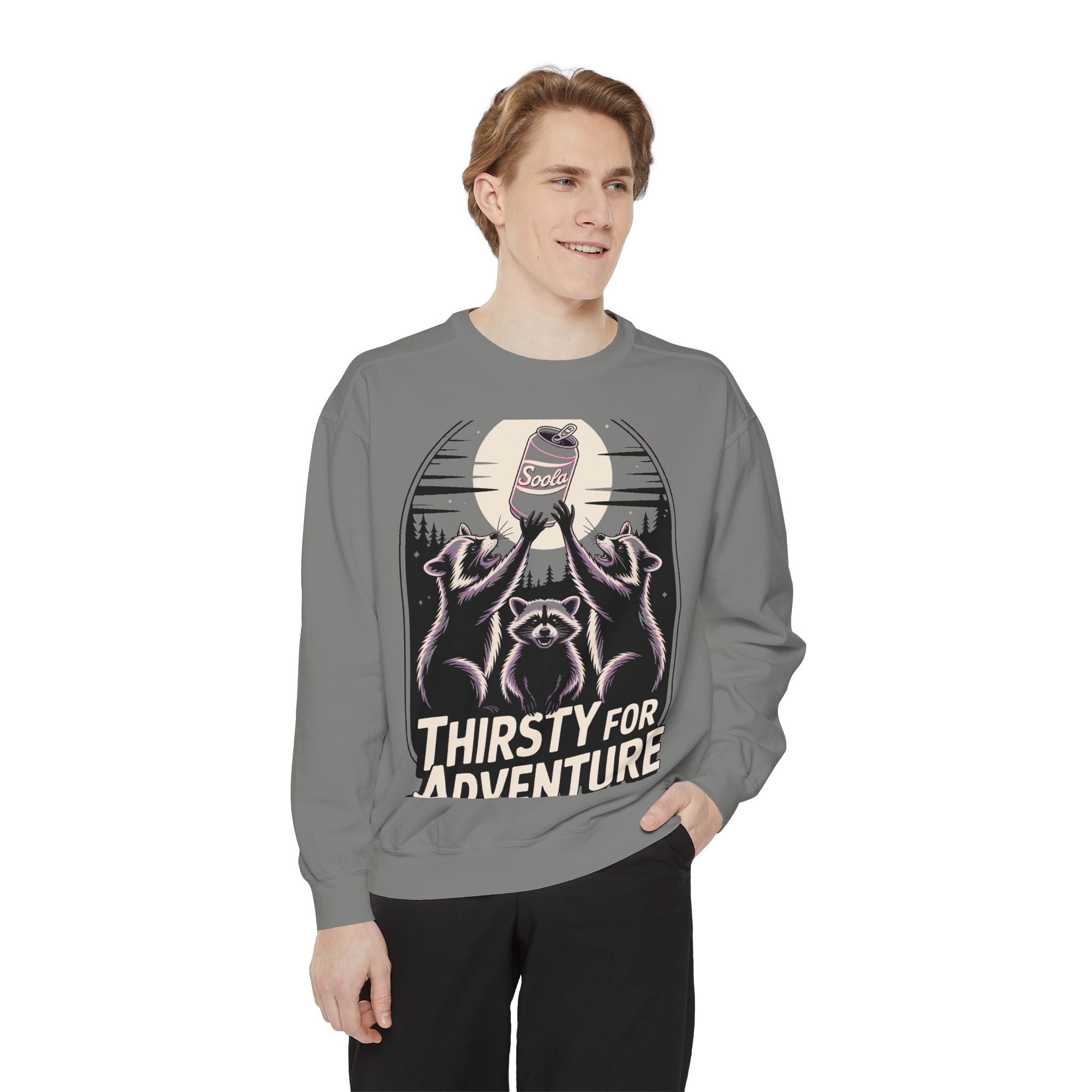 Thirsty For Adventure Raccoons Sweatshirt, Funny Vintage Poster Crewneck, Retro Raccoon Graphic Sweatshirt Gift