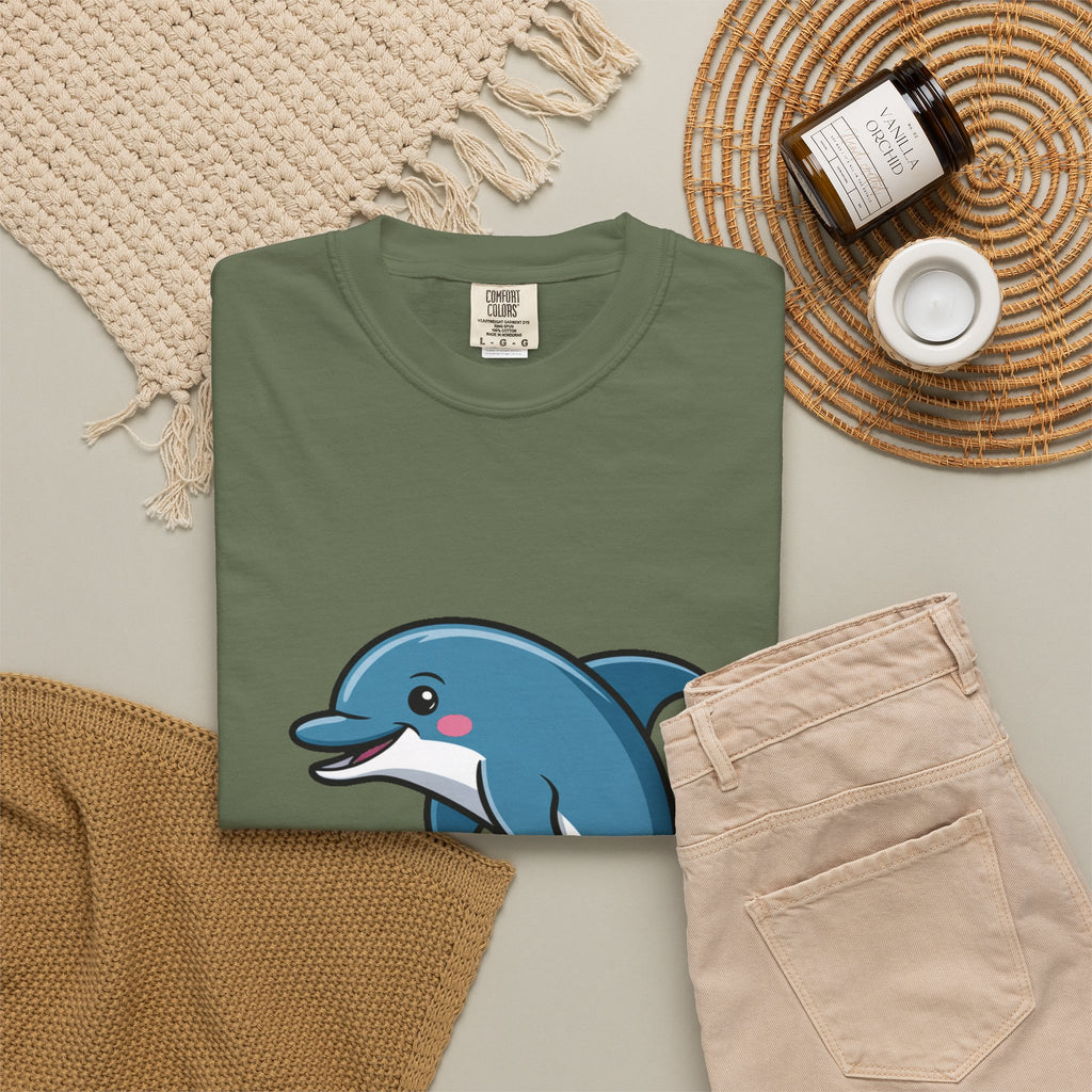 Cute Dolphin T-Shirt, Jumping Wave Dolphin Shirt, Ocean Lover Gift, Garment Dyed Unisex Tee, Beach Vacation Shirt