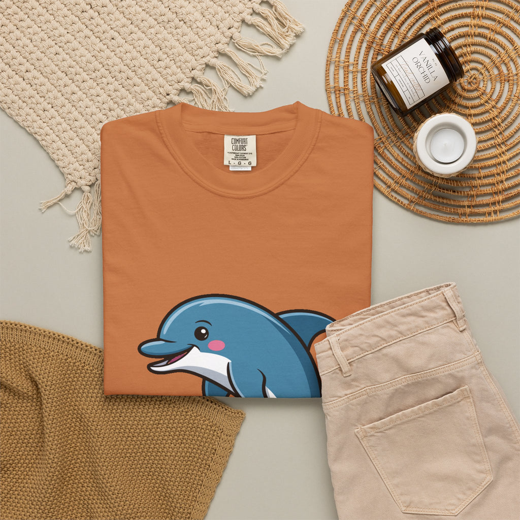 Cute Dolphin T-Shirt, Jumping Wave Dolphin Shirt, Ocean Lover Gift, Garment Dyed Unisex Tee, Beach Vacation Shirt