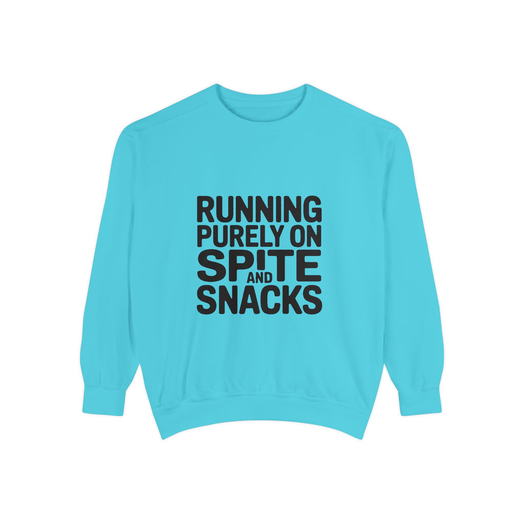 Running On Spite And Snacks Sweatshirt, Funny Sarcastic Crewneck, Embroidered-Look Bold Text Sweatshirt, Sarcastic Gift for Friend
