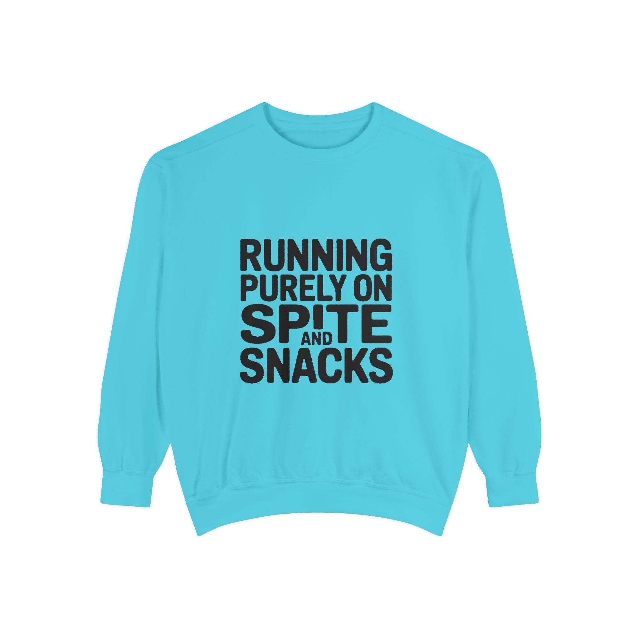Running On Spite And Snacks Sweatshirt, Funny Sarcastic Crewneck, Embroidered-Look Bold Text Sweatshirt, Sarcastic Gift for Friend