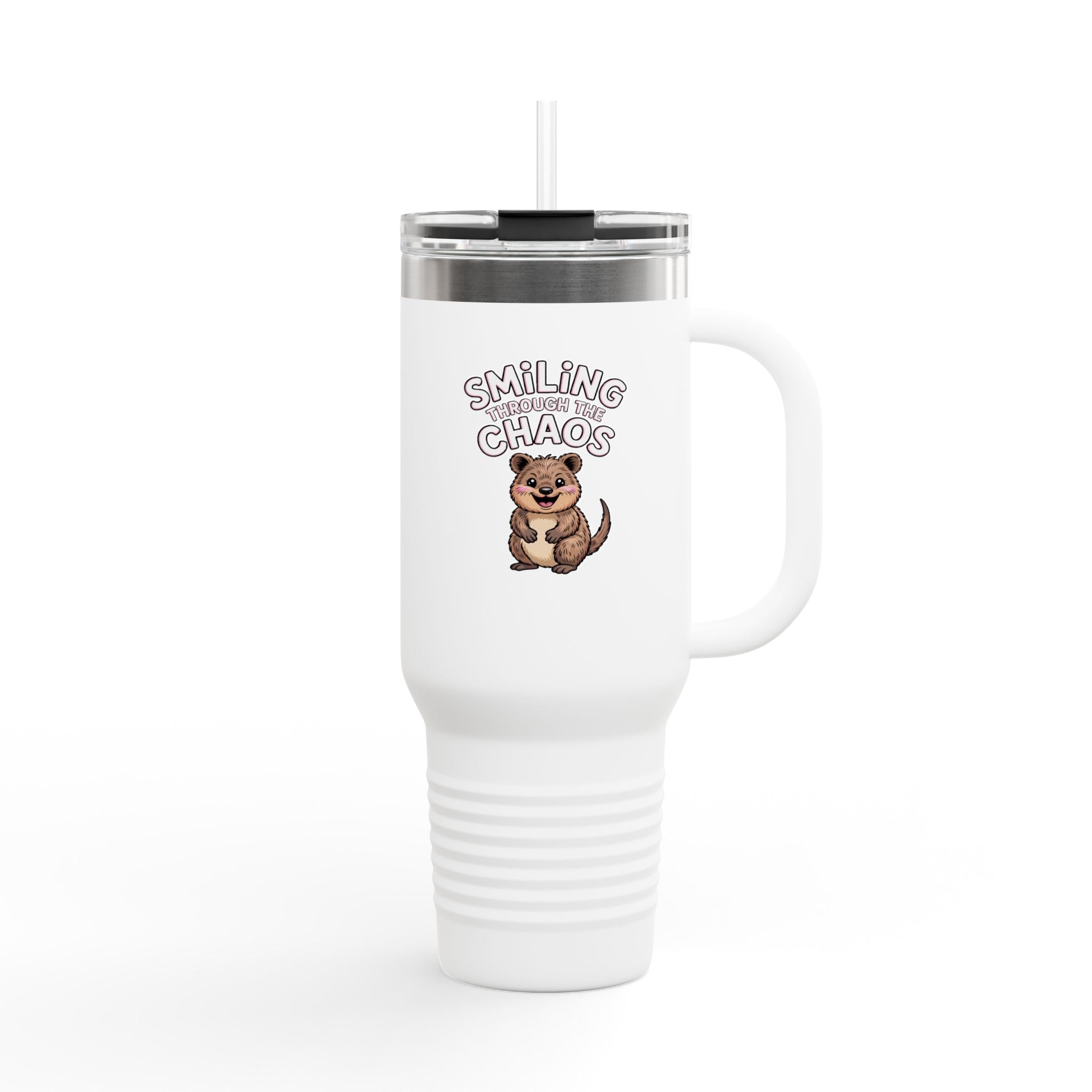 Smiling Through The Chaos Quokka 40oz Tumbler, Funny Quokka Travel Mug, Cute Animal Insulated Cup With Handle, Chaotic Mom Gift
