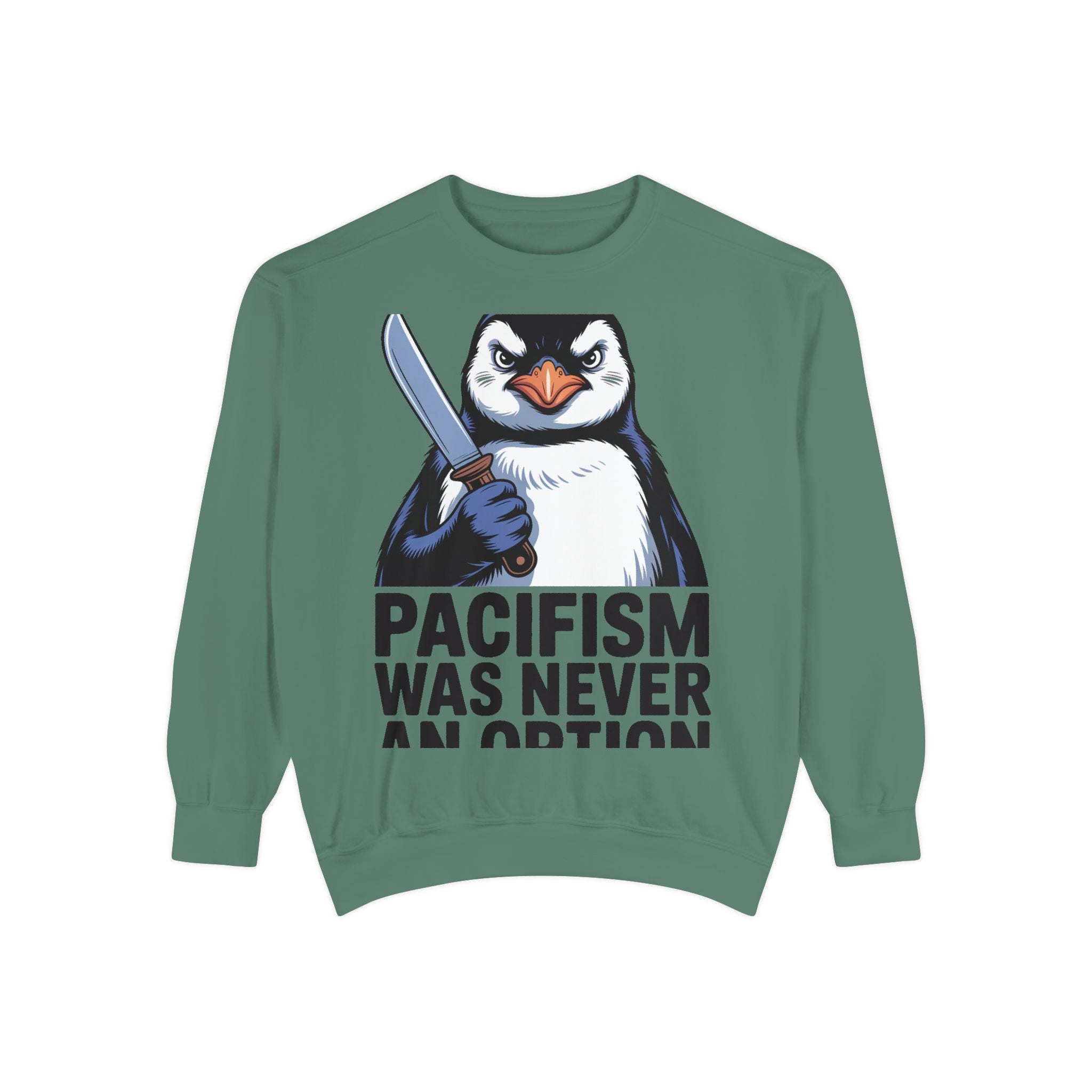 Pacifism Was Never An Option Penguin Sweatshirt, Funny Butter Knife Penguin Crewneck, Vintage Poster Style Graphic Sweatshirt Gift