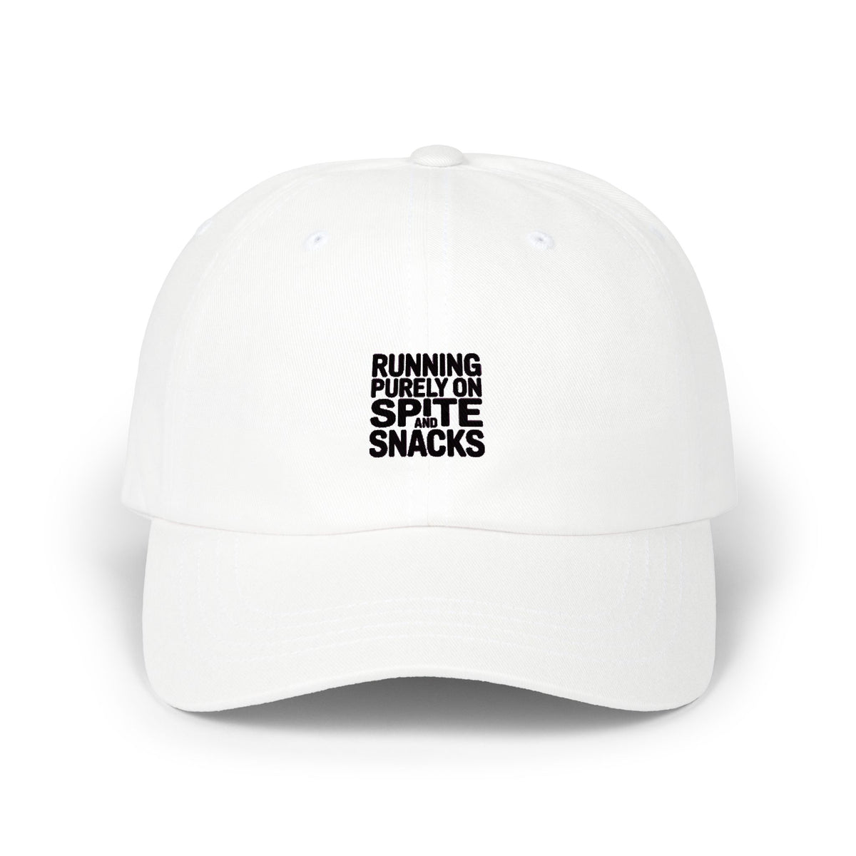 Running On Spite And Snacks Dad Hat, Funny Embroidered Cap, Sarcastic Quote Hat, Snarky Gift for Him or Her, Bold Text Baseball Cap
