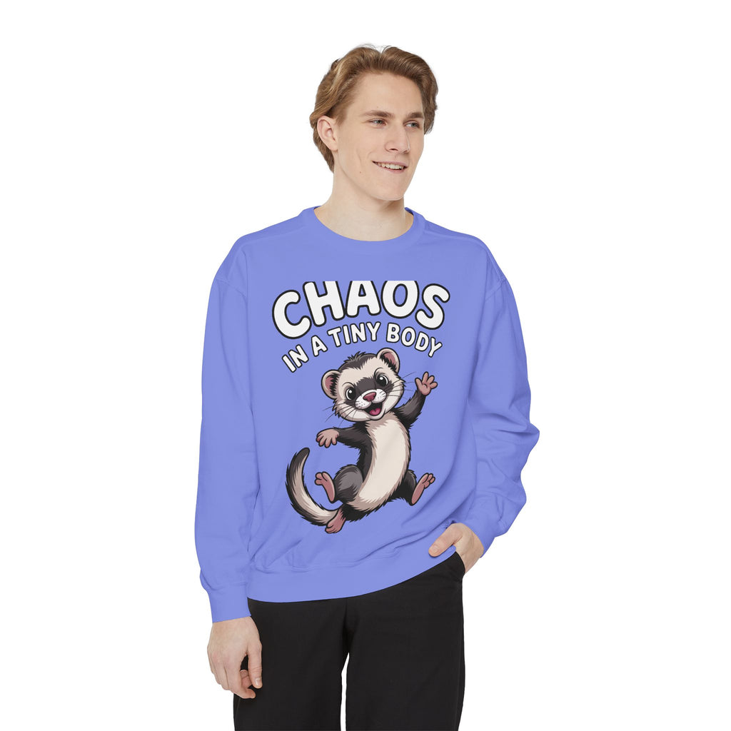 Funny Ferret Sweatshirt, Chaos In A Tiny Body Crewneck, Cute Ferret Lover Gift, Embroidered Style Ferret Sweatshirt For Pet Owners