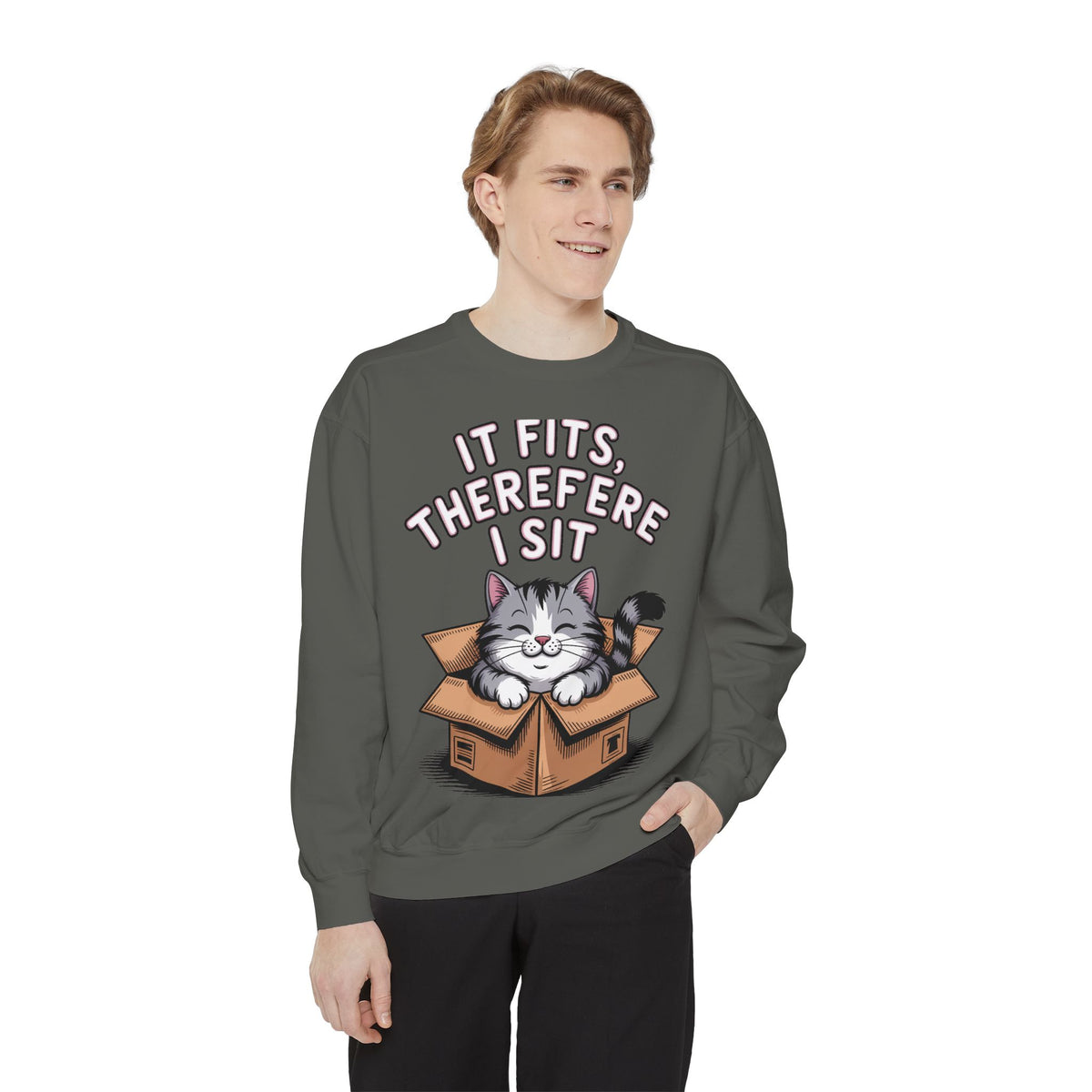 Funny Cat Sweatshirt, It Fits Therefore I Sit Crewneck, Cat In Box Embroidered Sweatshirt, Cat Lover Gift, Funny Cat Lover Sweater