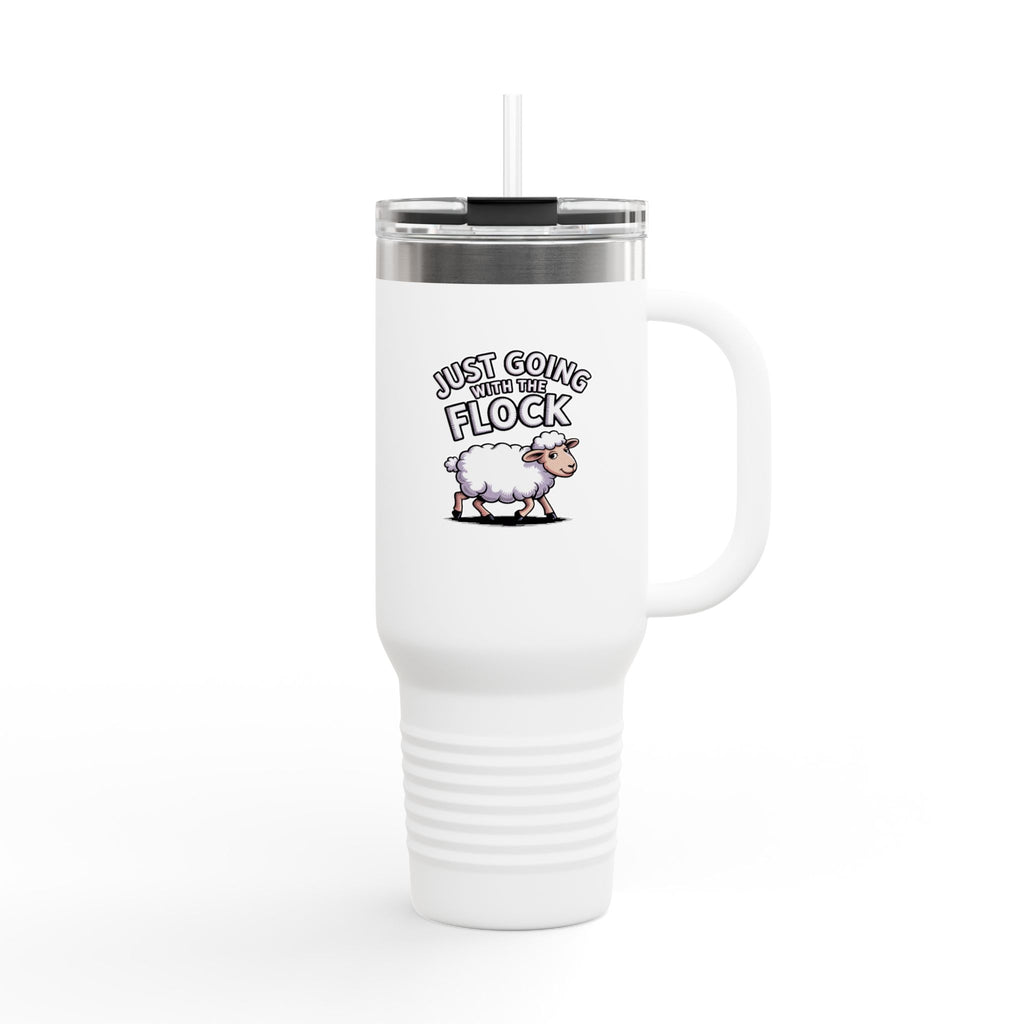Funny Sheep Travel Mug, 'Just Going With The Flock' Tumbler, Cute Sheep 40oz Insulated Cup, Sarcastic Gift for Coworker or Friend