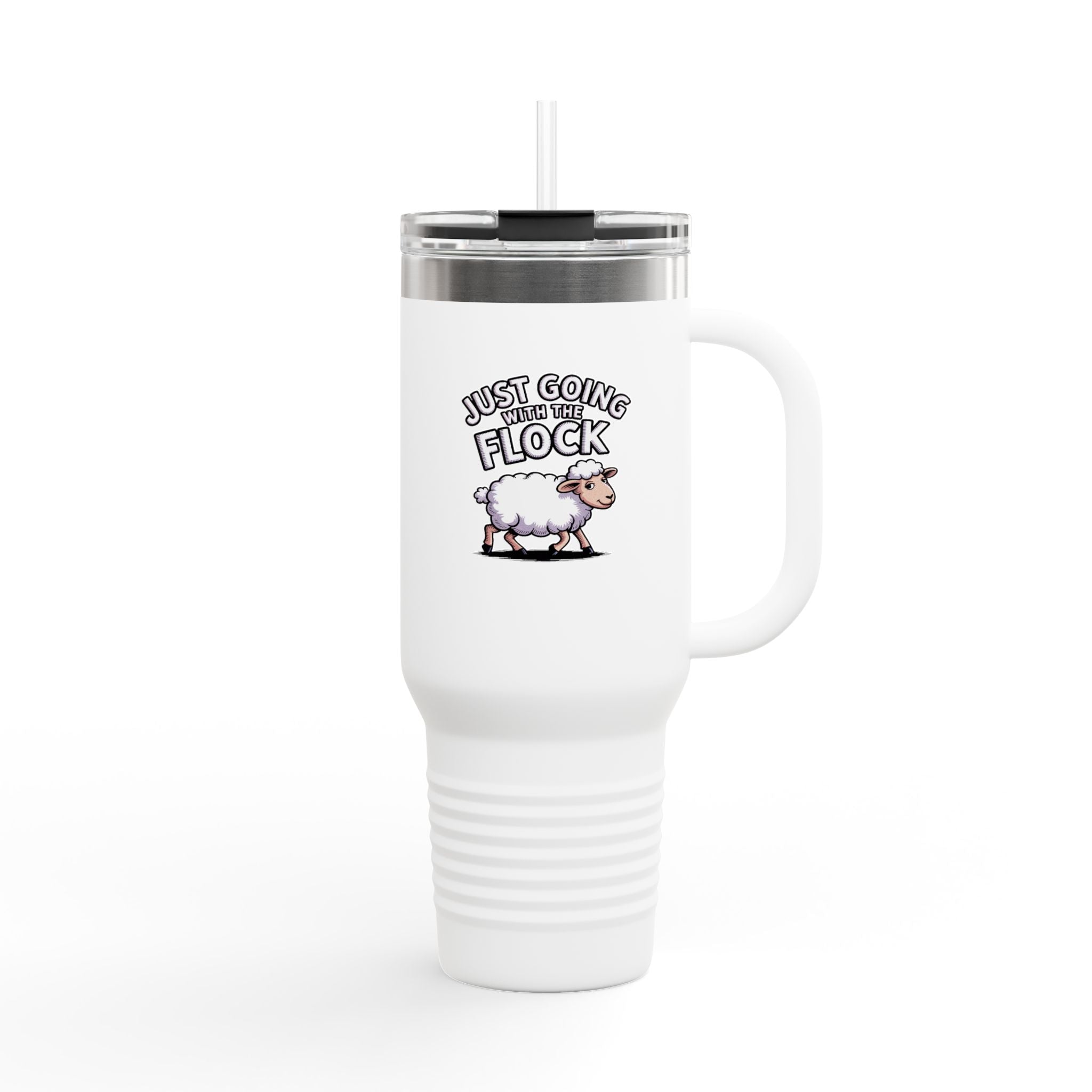Funny Sheep Travel Mug, 'Just Going With The Flock' Tumbler, Cute Sheep 40oz Insulated Cup, Sarcastic Gift for Coworker or Friend