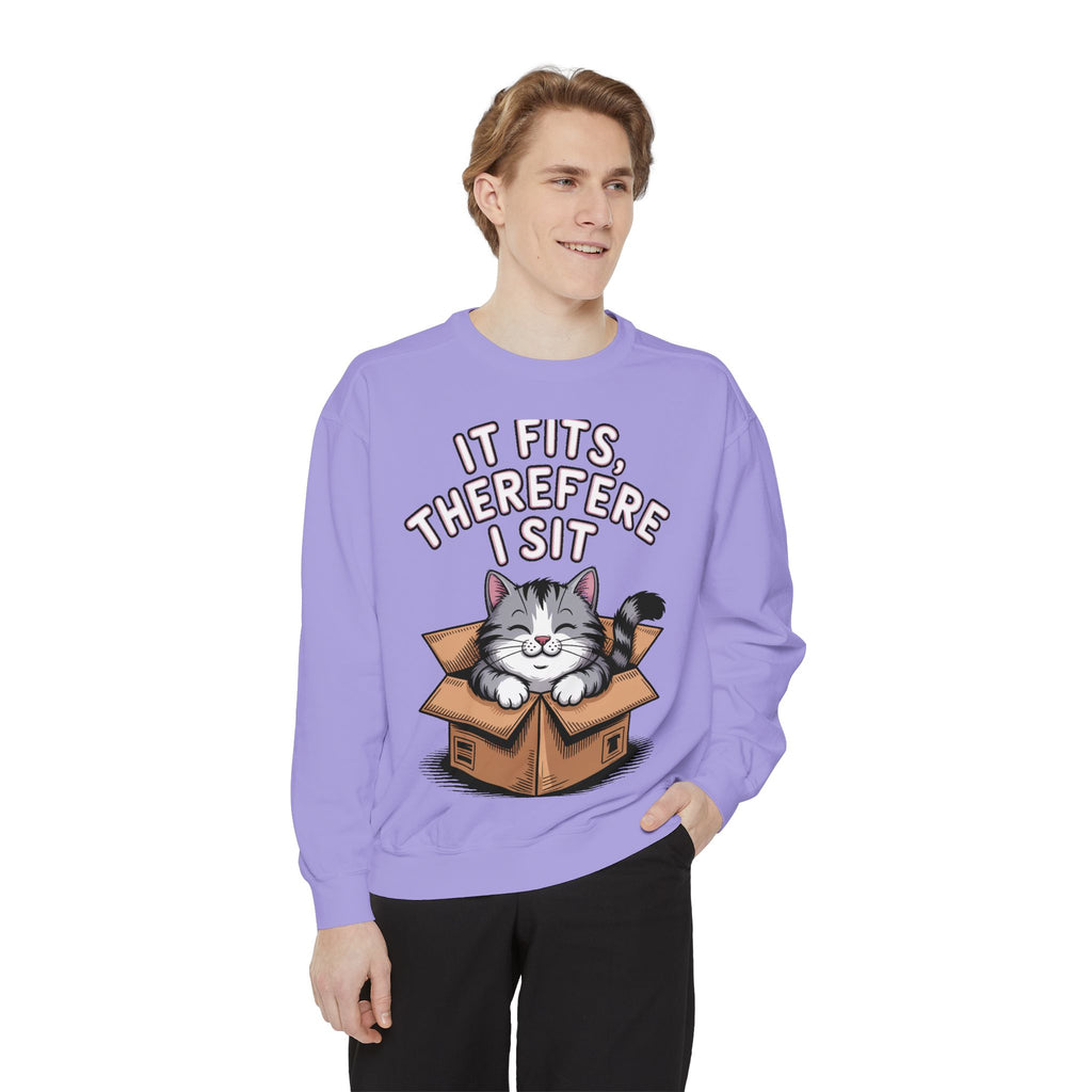Funny Cat Sweatshirt, It Fits Therefore I Sit Crewneck, Cat In Box Embroidered Sweatshirt, Cat Lover Gift, Funny Cat Lover Sweater