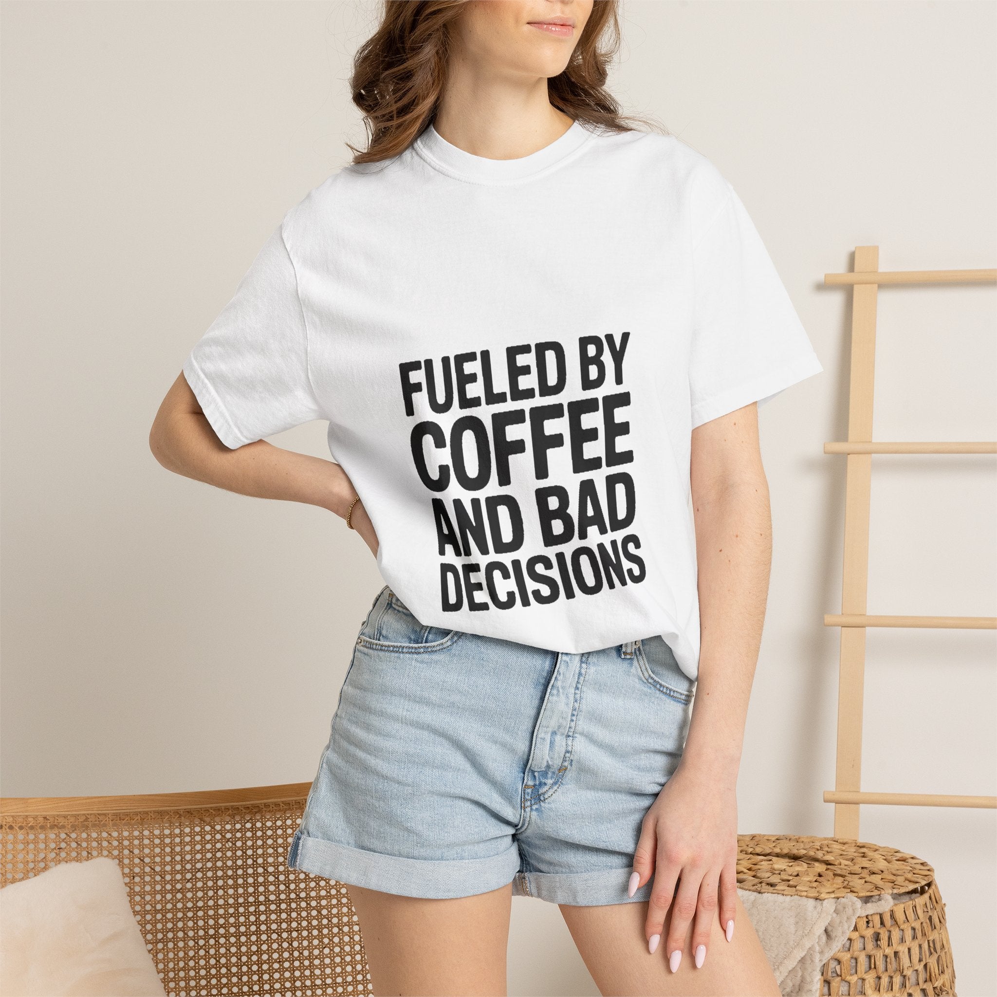 Fueled By Coffee And Bad Decisions Shirt, Funny Coffee Lover Tee, Sarcastic Quote T-Shirt, Bold Typography Graphic Tee