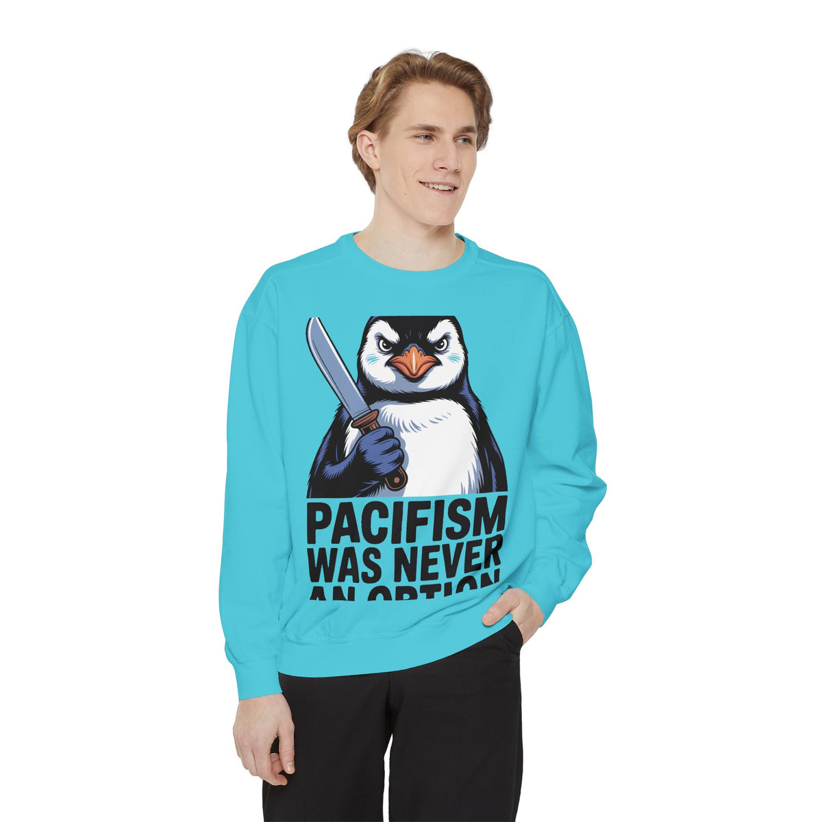 Pacifism Was Never An Option Penguin Sweatshirt, Funny Butter Knife Penguin Crewneck, Vintage Poster Style Graphic Sweatshirt Gift