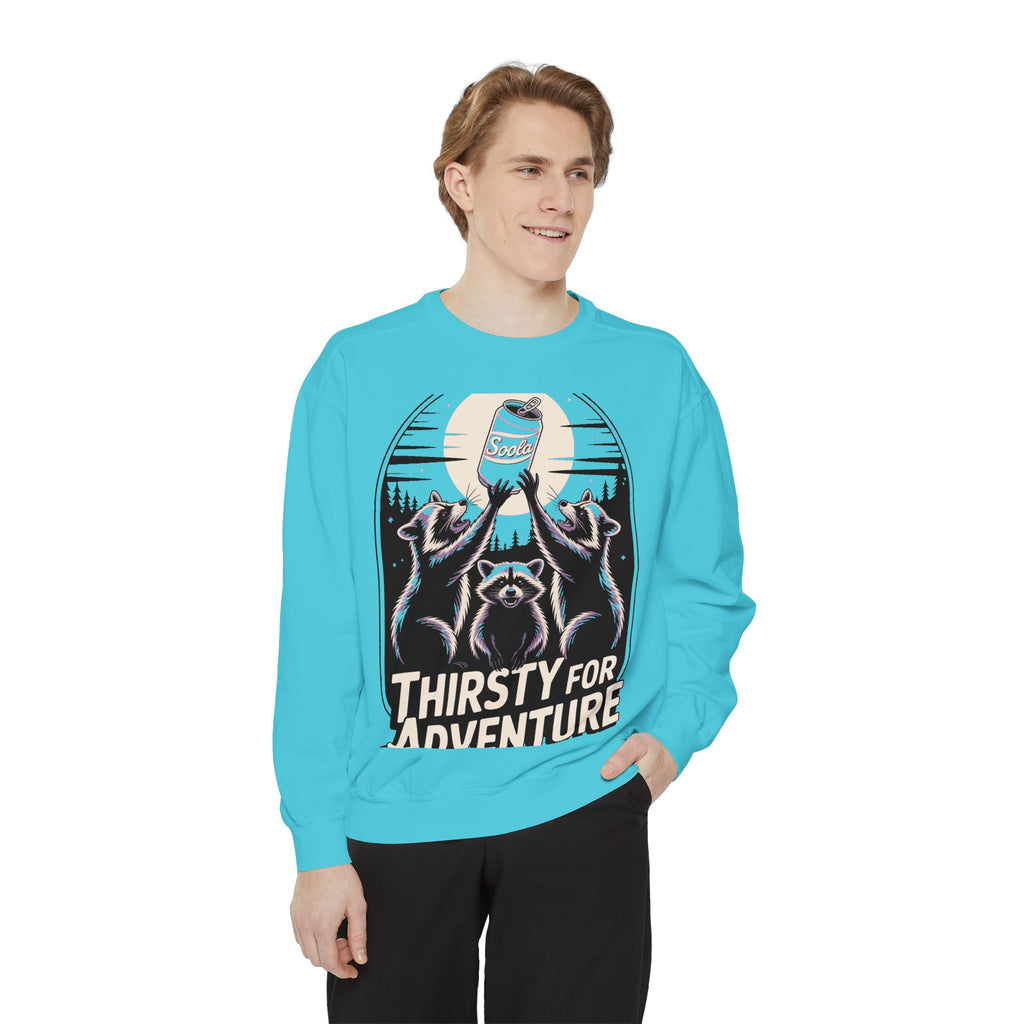 Thirsty For Adventure Raccoons Sweatshirt, Funny Vintage Poster Crewneck, Retro Raccoon Graphic Sweatshirt Gift