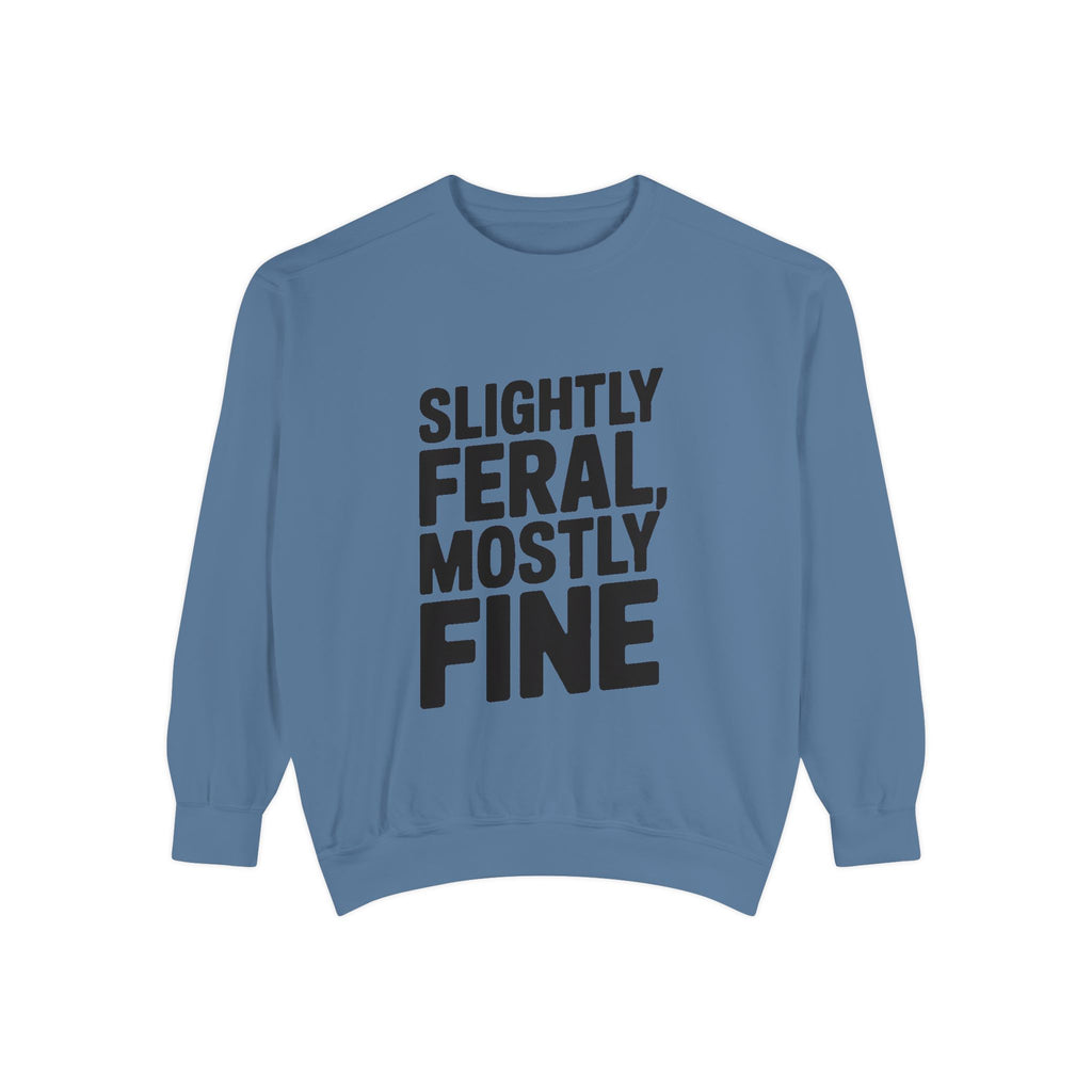 Slightly Feral Mostly Fine Sweatshirt, Funny Embroidered Crewneck, Sarcastic Quote Sweatshirt, Minimalist Text Gift for Her