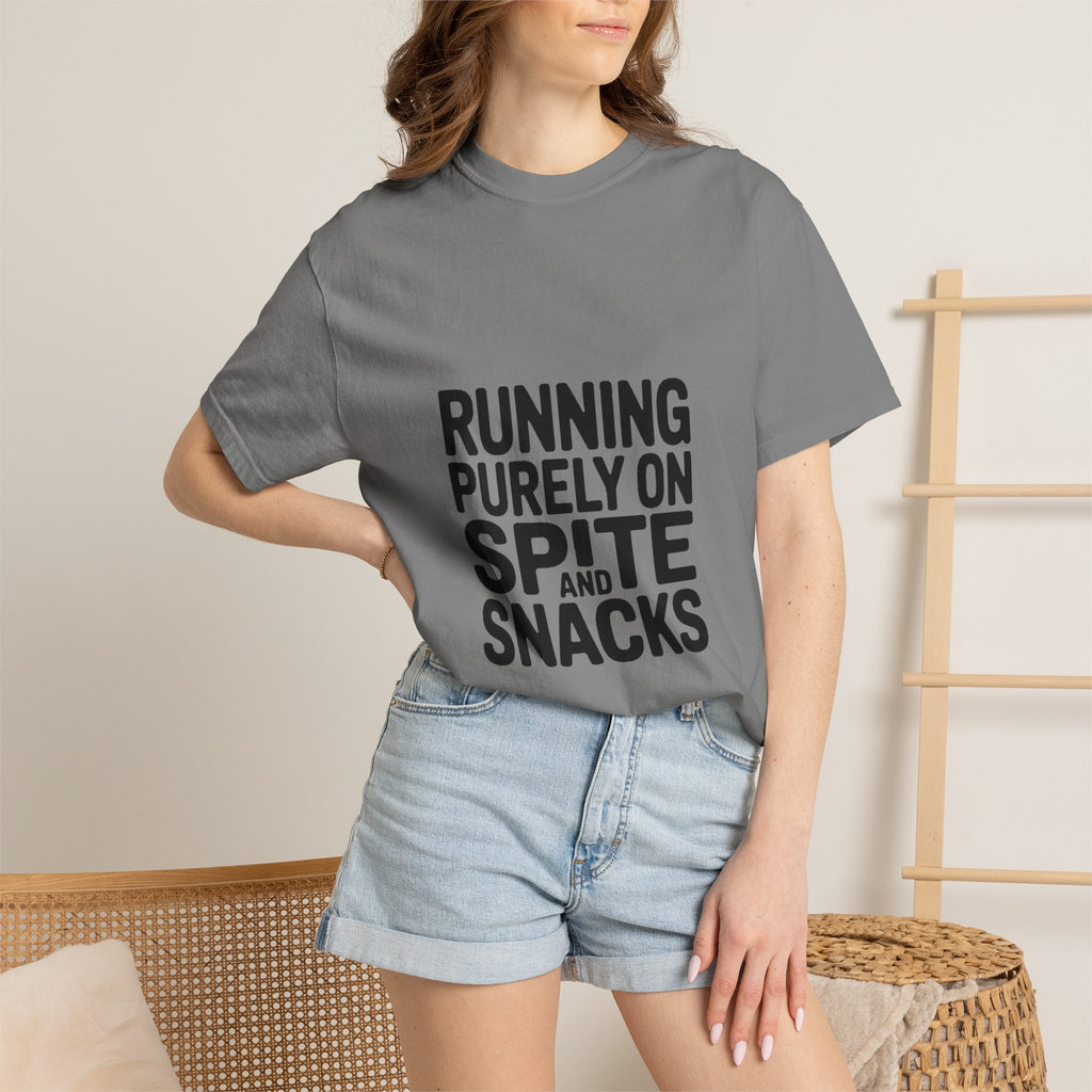 Running On Spite And Snacks Shirt, Funny Sarcastic T-Shirt, Bold Typography Tee, Snarky Gift for Coworker or Friend
